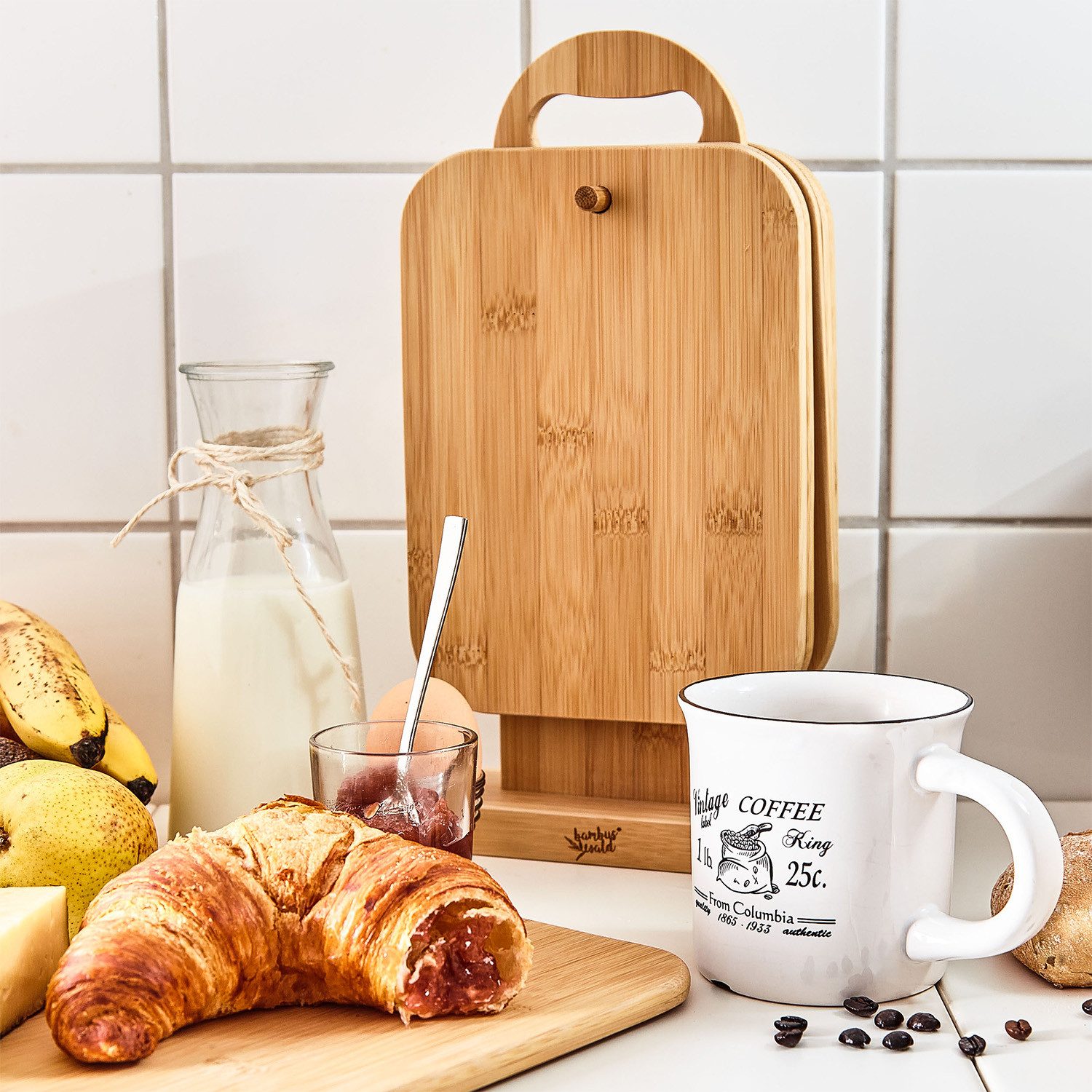 Klarstein Schneidebrett Bambus-Frühstücksbrett mit Ständer, Bambus, (set)