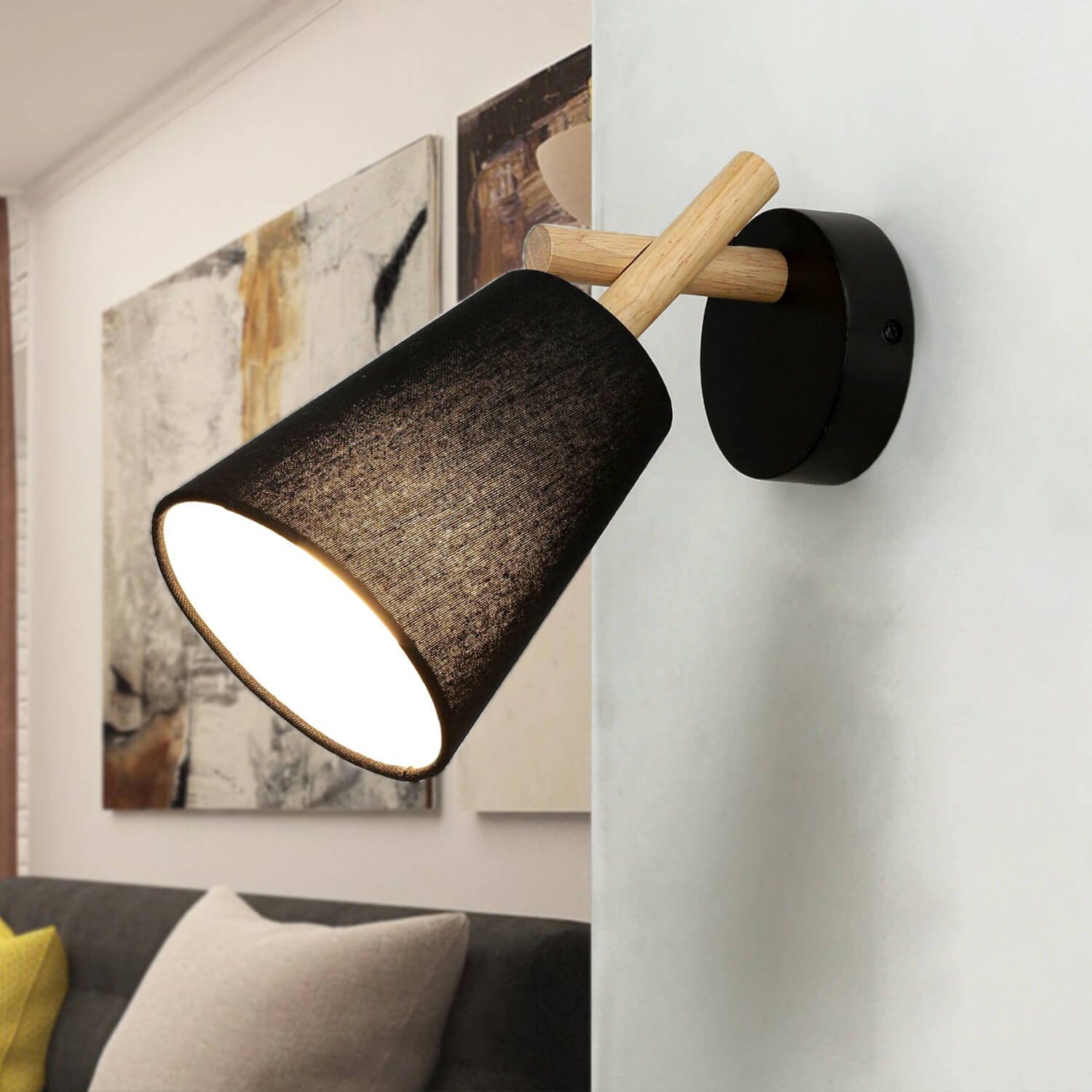 Licht-Erlebnisse Wandleuchte VAIO, ohne Leuchtmittel, Wandlampe Schwarz Stoff Holz Skandinavisch Wohnzimmer Schlafzimmer | Wandleuchten