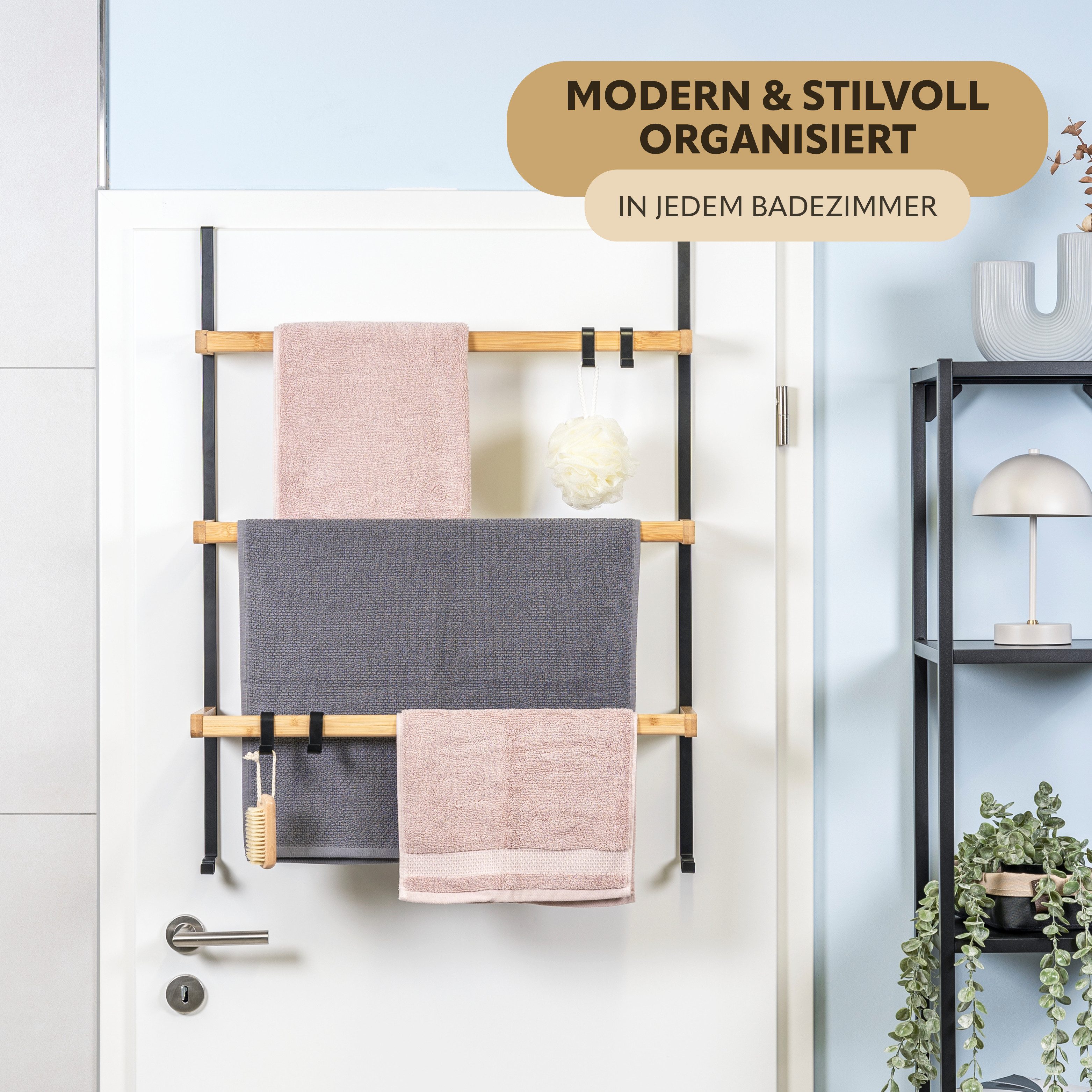 eluno Türregal Tür-Hängeregal aus Metall und Bambus, 3 Handtuchstangen günstig online kaufen