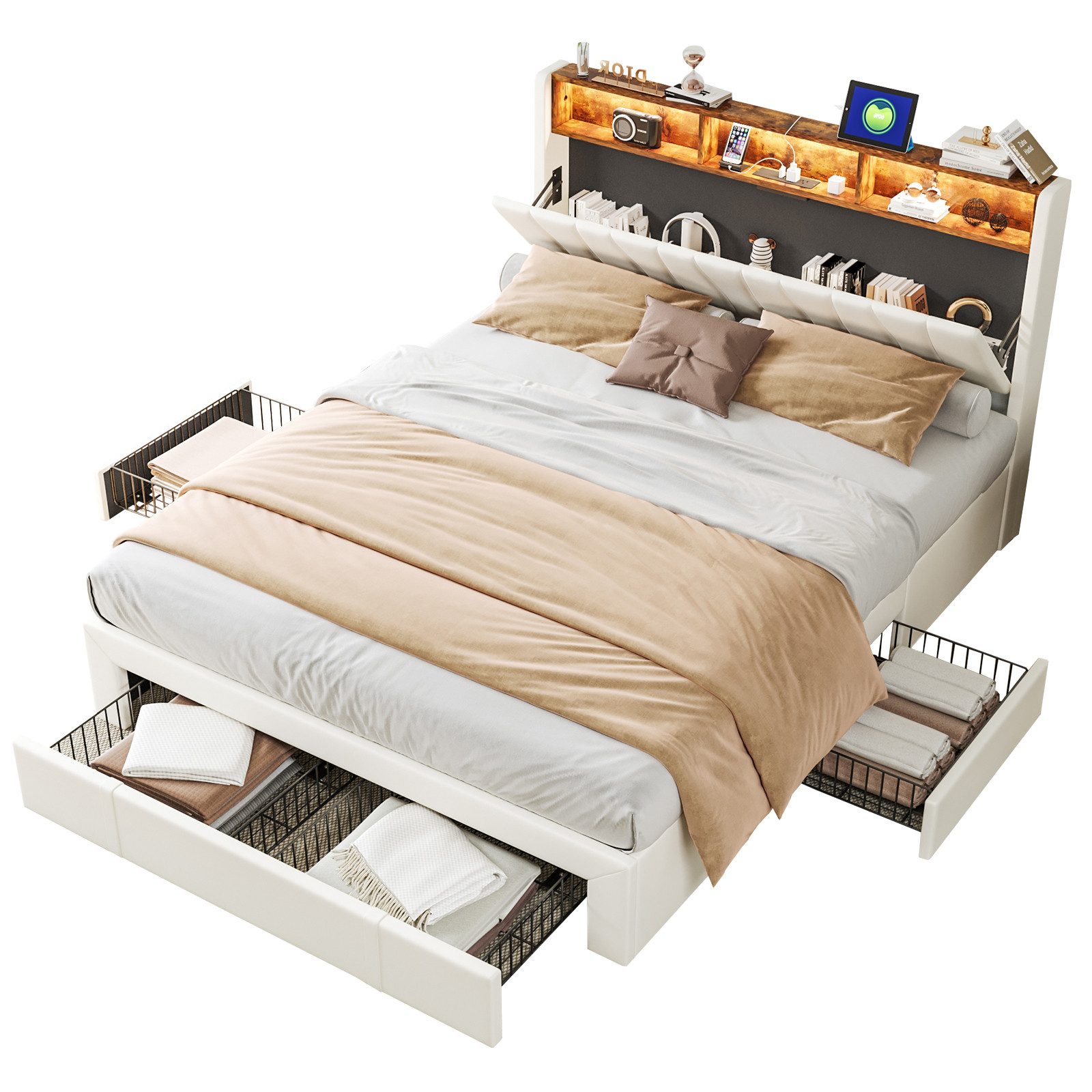 FUROKOY Polsterbett Doppelbett,Funktionsbett Stauraumbett mit LED-Licht, günstig online kaufen