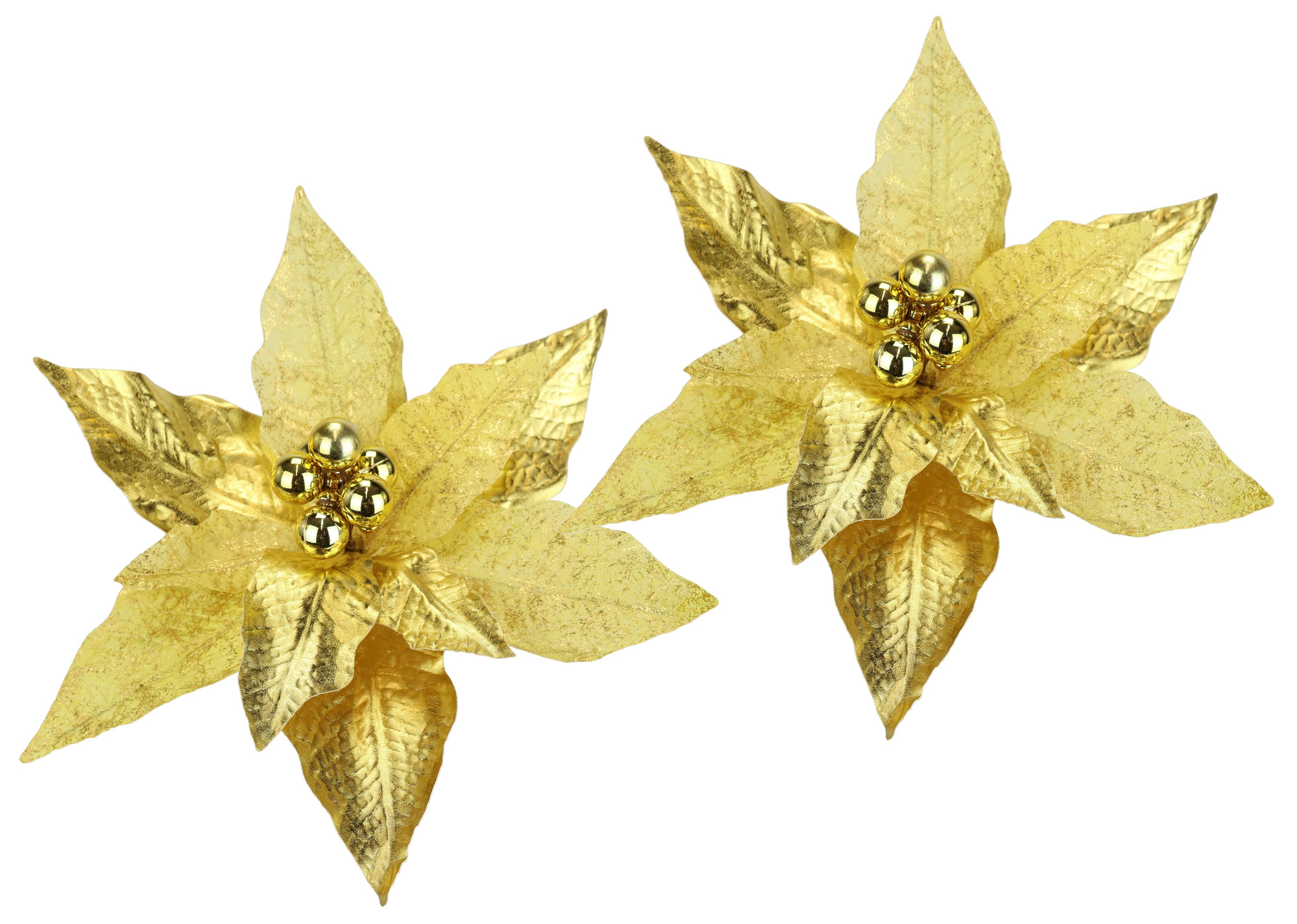 I.GE.A. Dekohänger Poinsettia auf Clip (2 St), 2er Set 28cm Weihnachts-Christstern künstlich Weihnachtsblume gold