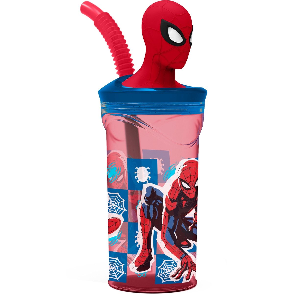 p:os Trinkflasche Trinkbecher Marvel Spider-Man mit 3D Figur und Trinkhalm rot/blau
