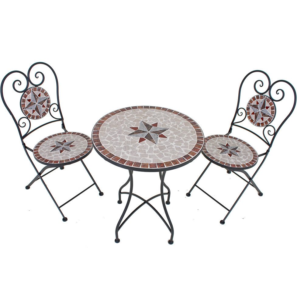 Lomadox Garten-Essgruppe GARDA-120, (3-tlg), Gartenmöbel Set mit Mosaik, 2 Stühle, 1 Tisch ca. 60cm