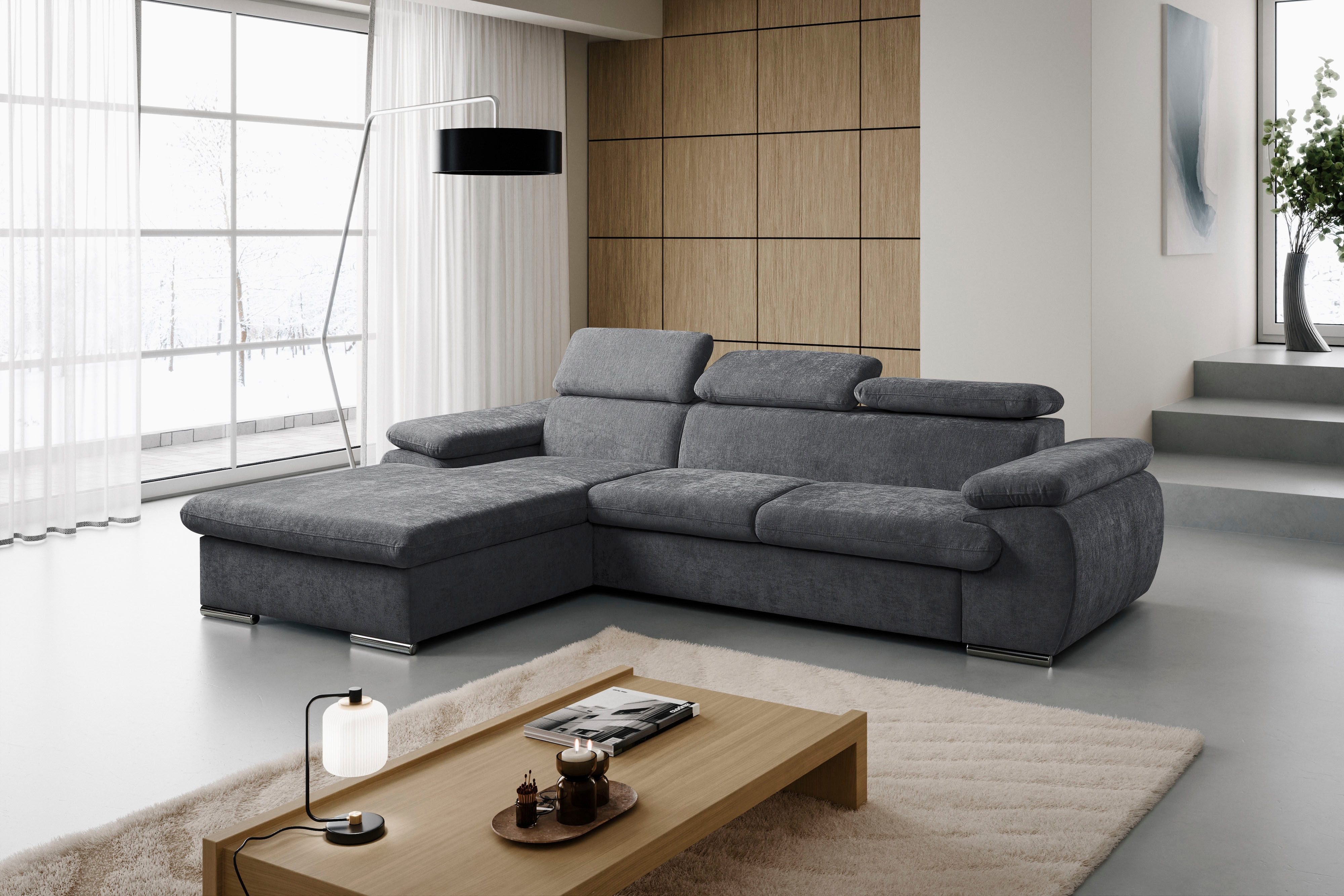 WERK2 Ecksofa Cosmo 282 x 192 cm modern & bequem, Multifunktionen, Bettfunktion, Chenille, L-Form, XXL, Schlaffunktion, Bettkasten