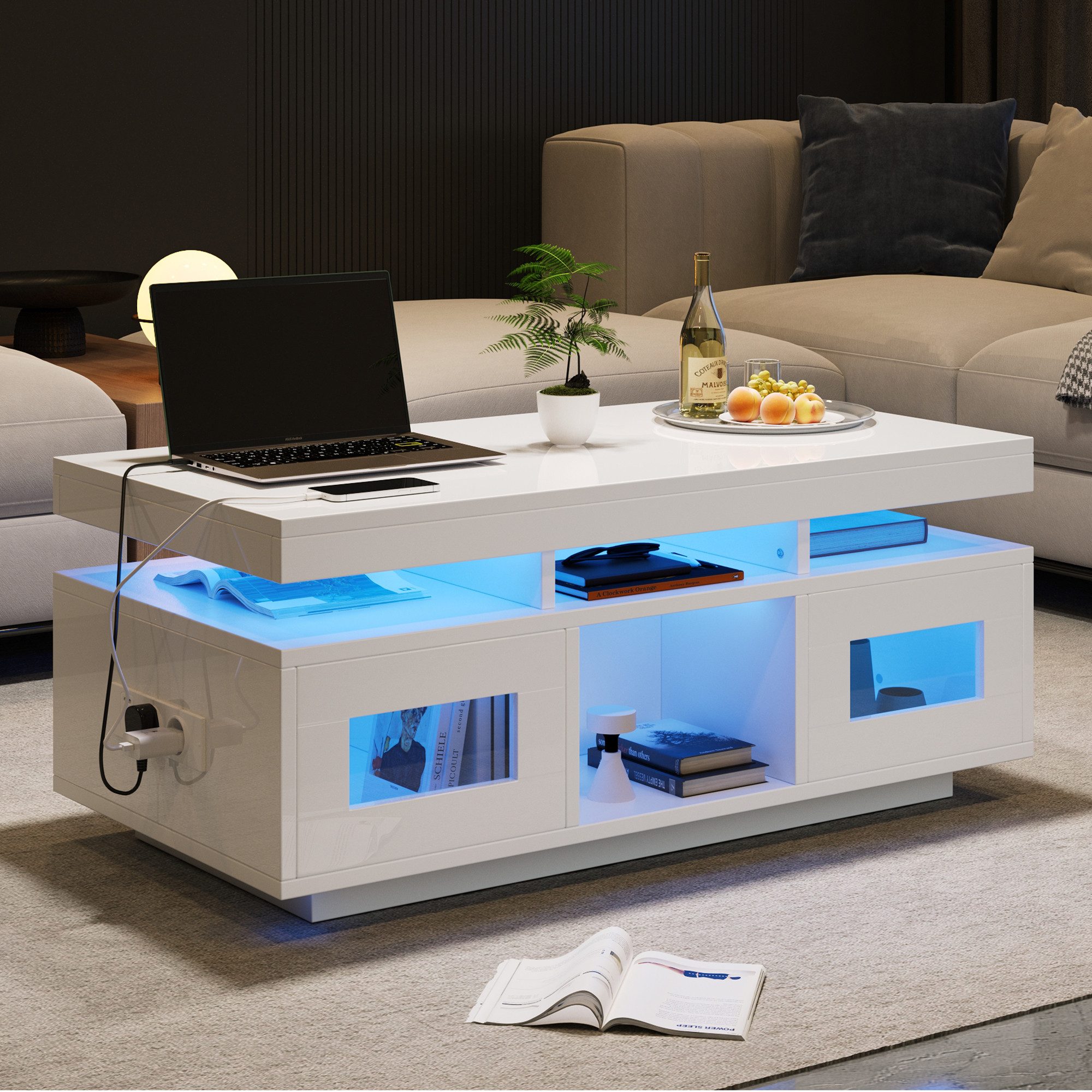Merax Couchtisch hochglanz Sofatisch mit LED-Beleuchtung & USB-Ladeanschluss (1-St., 100×50×43cm), Beistelltisch Wohnzimmertisch mit 2 Türen und mehr Ablagefächern