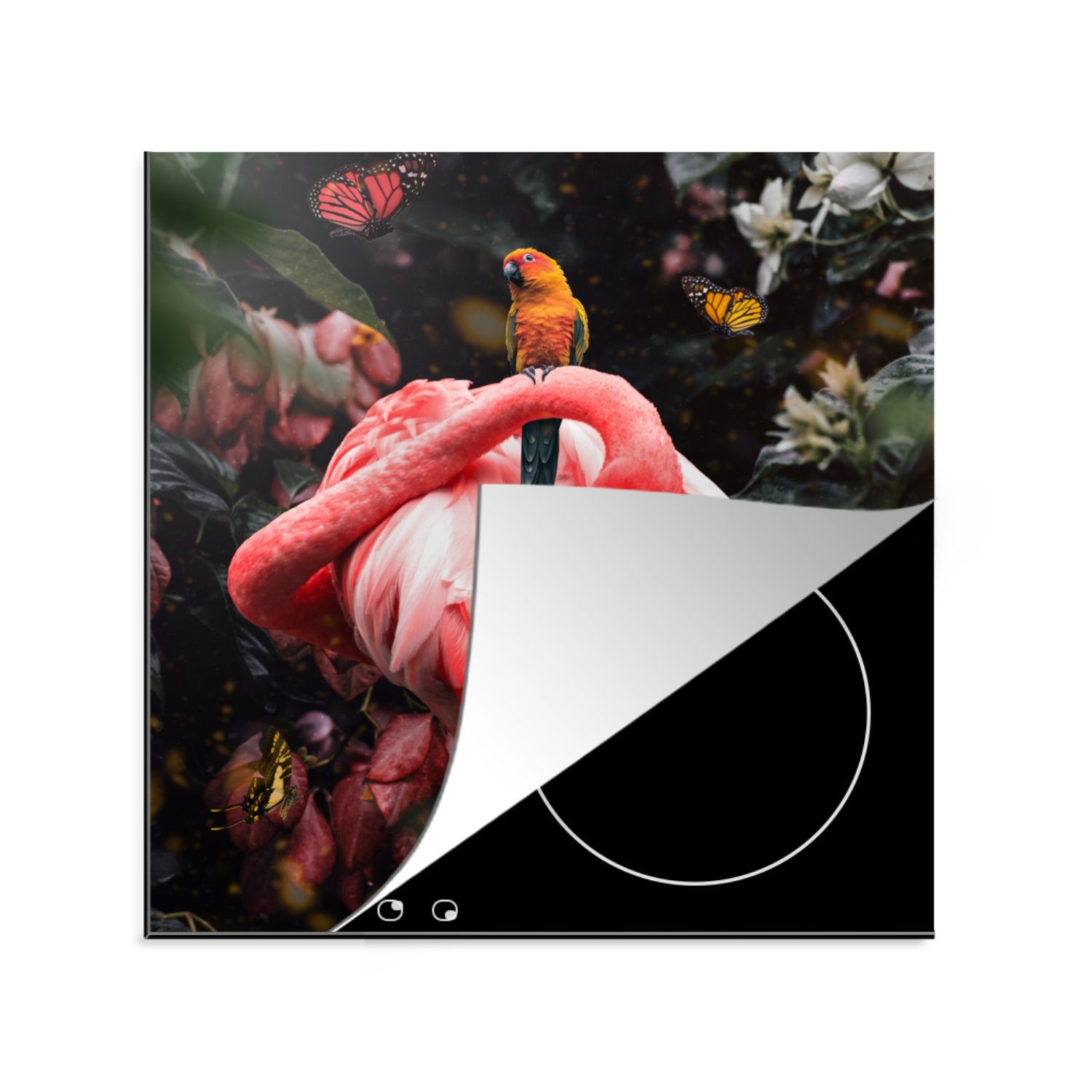 MuchoWow Herdblende-/Abdeckplatte Flamingo - Schmetterlinge - Dschungel, Vinyl, (1 tlg), 78x78 cm, Ceranfeldabdeckung, Arbeitsplatte für küche