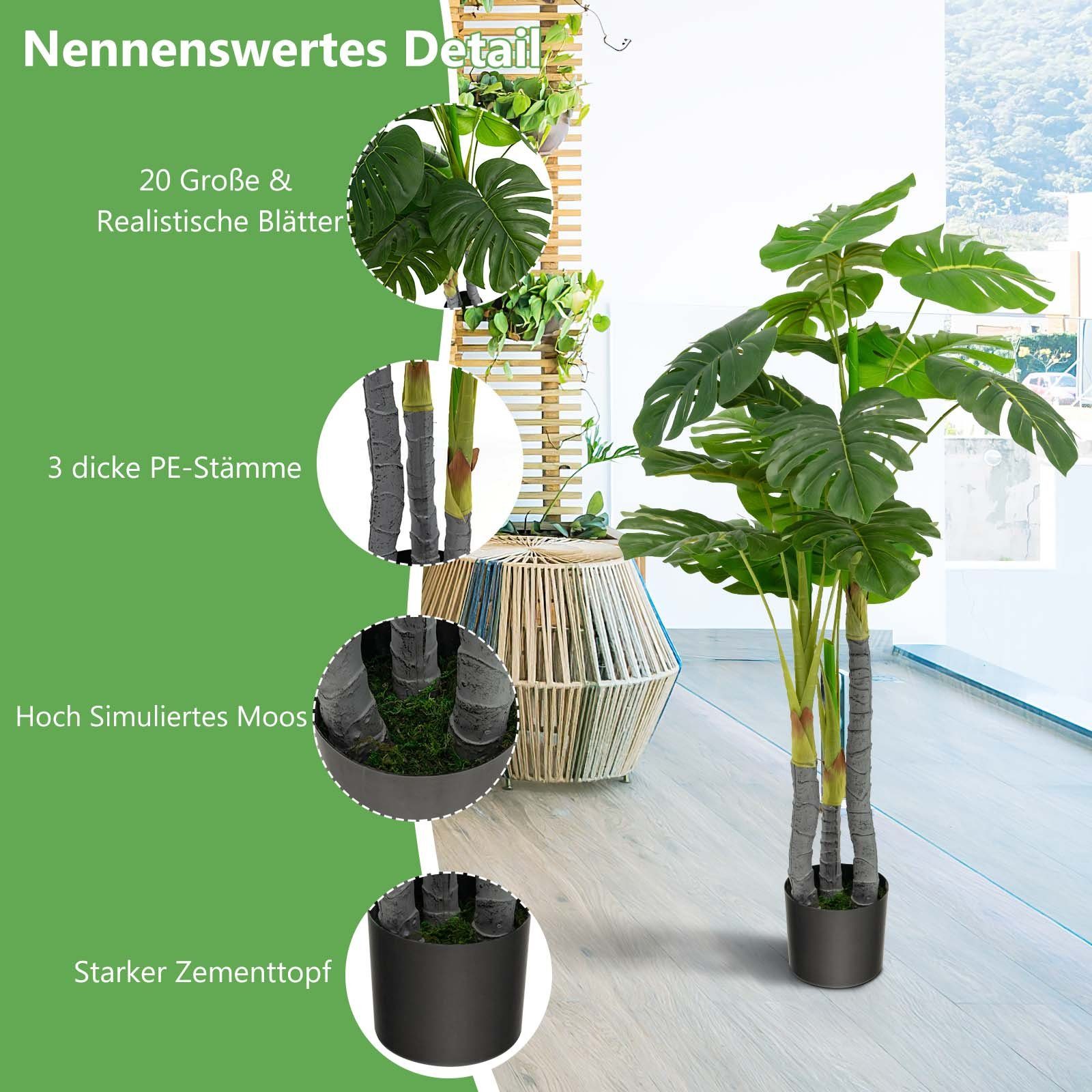 Kunststoff-Topf, cm, Höhe COSTWAY, Kunstpflanze, Blättern, grün 120 mit 20