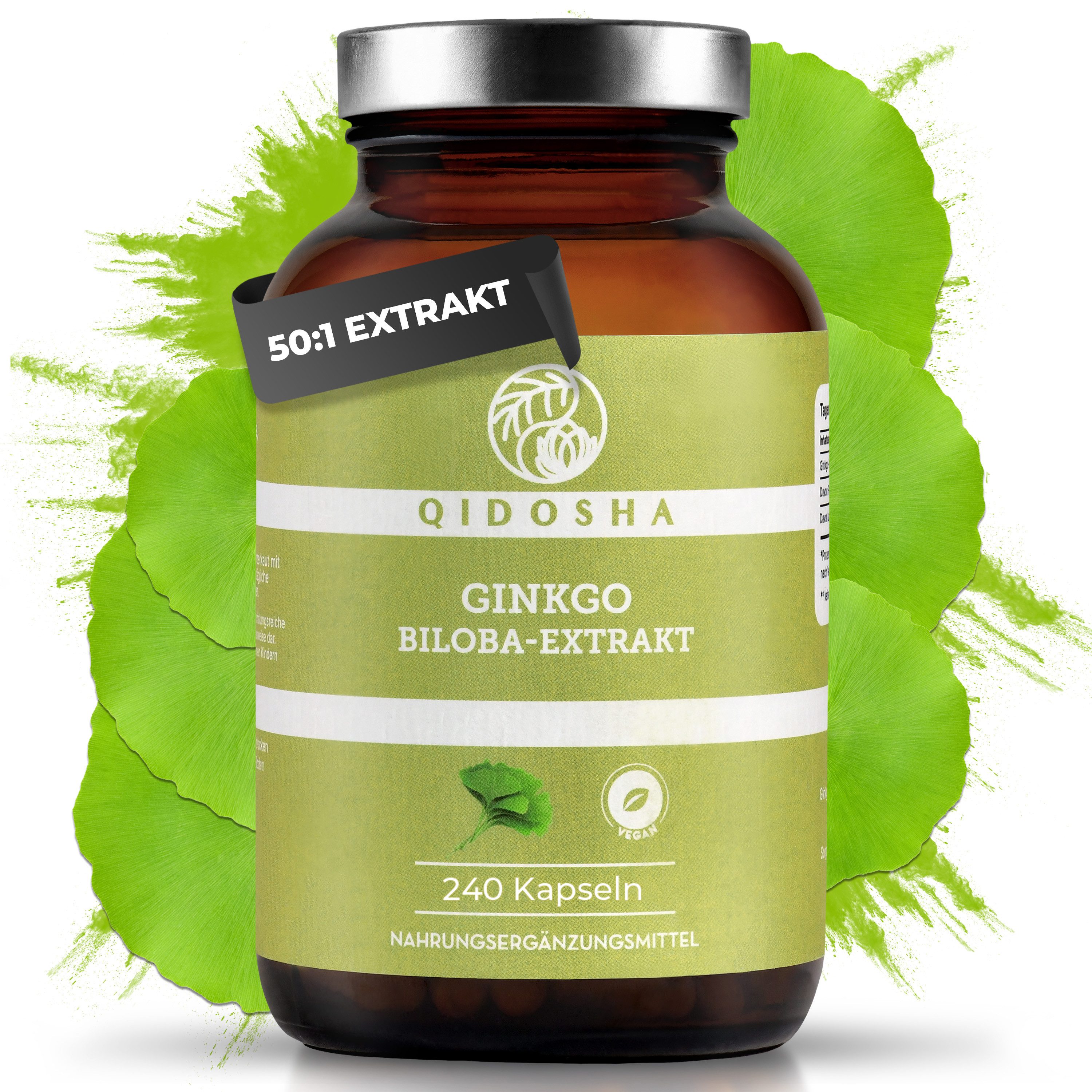 QIDOSHA Ginkgo Biloba Extrakt 50:1 Vegan 240 Kapseln Deutschland Hartkapsel, 1 er Neuro Balance Formel für Fokus Konzentration und Vitalität à 240 St., 52 g, Premium Gehirn Komplex mit Flavonoiden und Lactonen 240 Caps