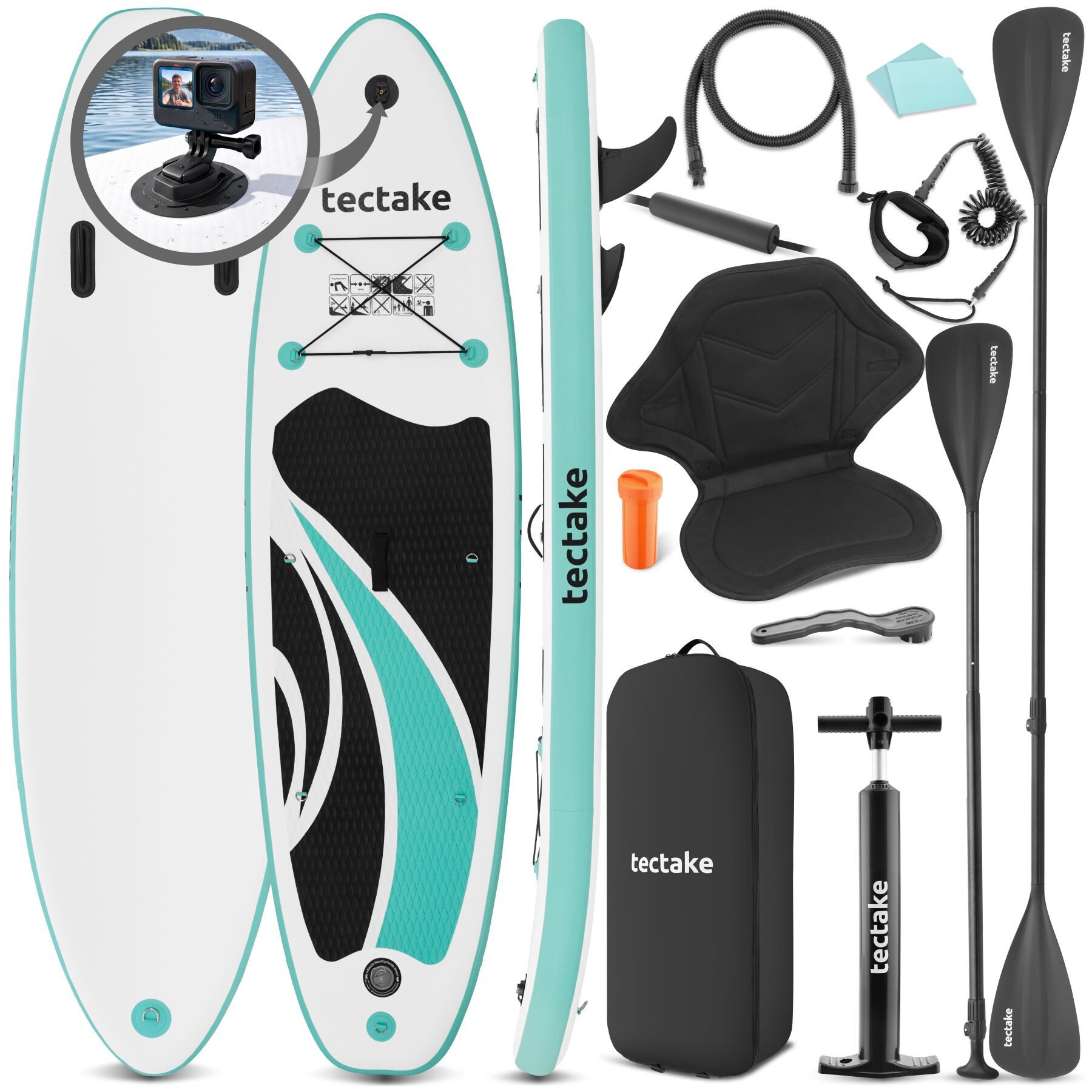 tectake SUP-Board Aufblasbares Paddle Board mit Kamerahalterung, Kajak-Sitz, 200 kg, Stand-up Paddle, (Aufblasbares Stand up Paddle Board Zenon, in Weiß/türkis), Verstellbares Doppelpaddel, Inkl. Rucksack, Inkl. Zubehör