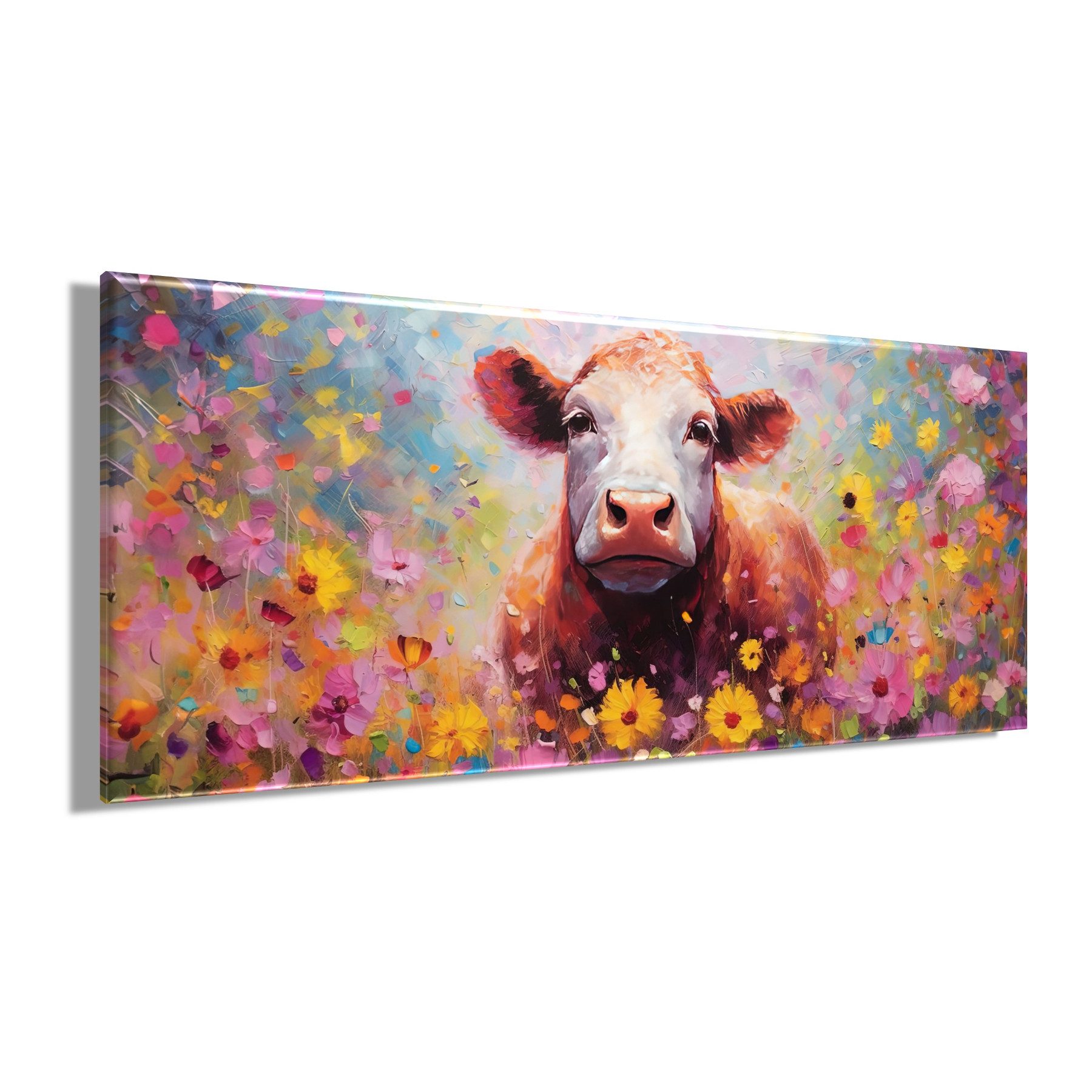 Bönninghoff Leinwandbild Wandbild BUNTE KUH 60x140 cm – Leinwandbild Keilrahmen Deko modern, Blumen, Kuh, Kühe (1 St), auf Keilrahmen gespannt – Bild 3 von 5