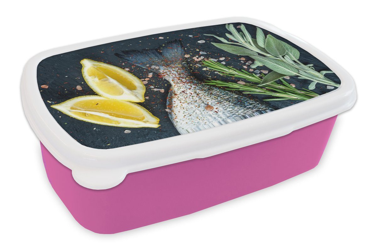 MuchoWow Lunchbox Fisch - Zitrone - Kräuter, Kunststoff, (2-tlg), Brotbox für Erwachsene, Brotdose Kinder, Snackbox, Mädchen, Kunststoff rosa