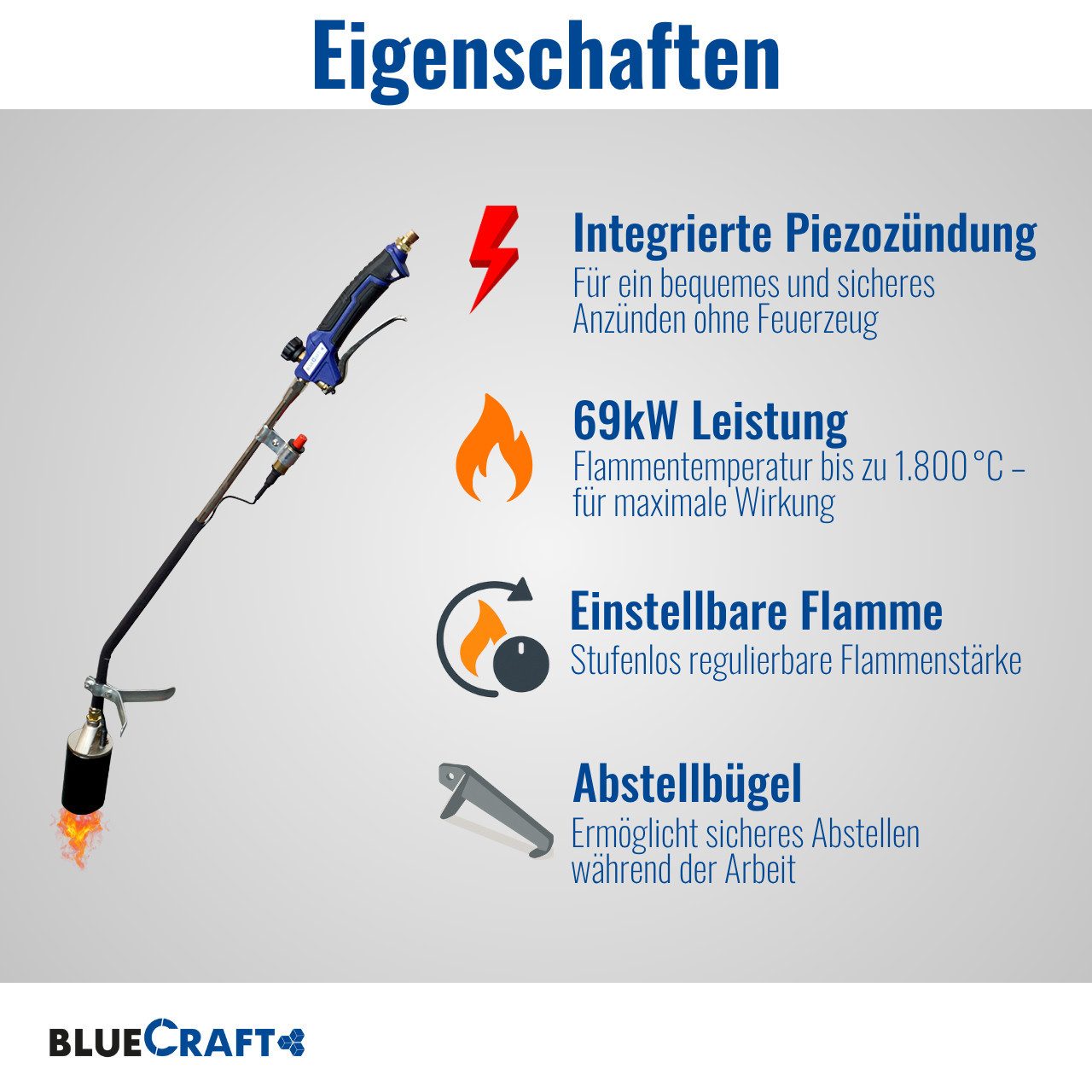 BlueCraft Unkrautbrenner Abflammgerät Unkraut Gasbrenner Unkrautvernichter, (für Teerarbeiten, Unkrautbeseitigung Druckminderer), Gas 69 kW mit Gasdruckregler Druckminderer