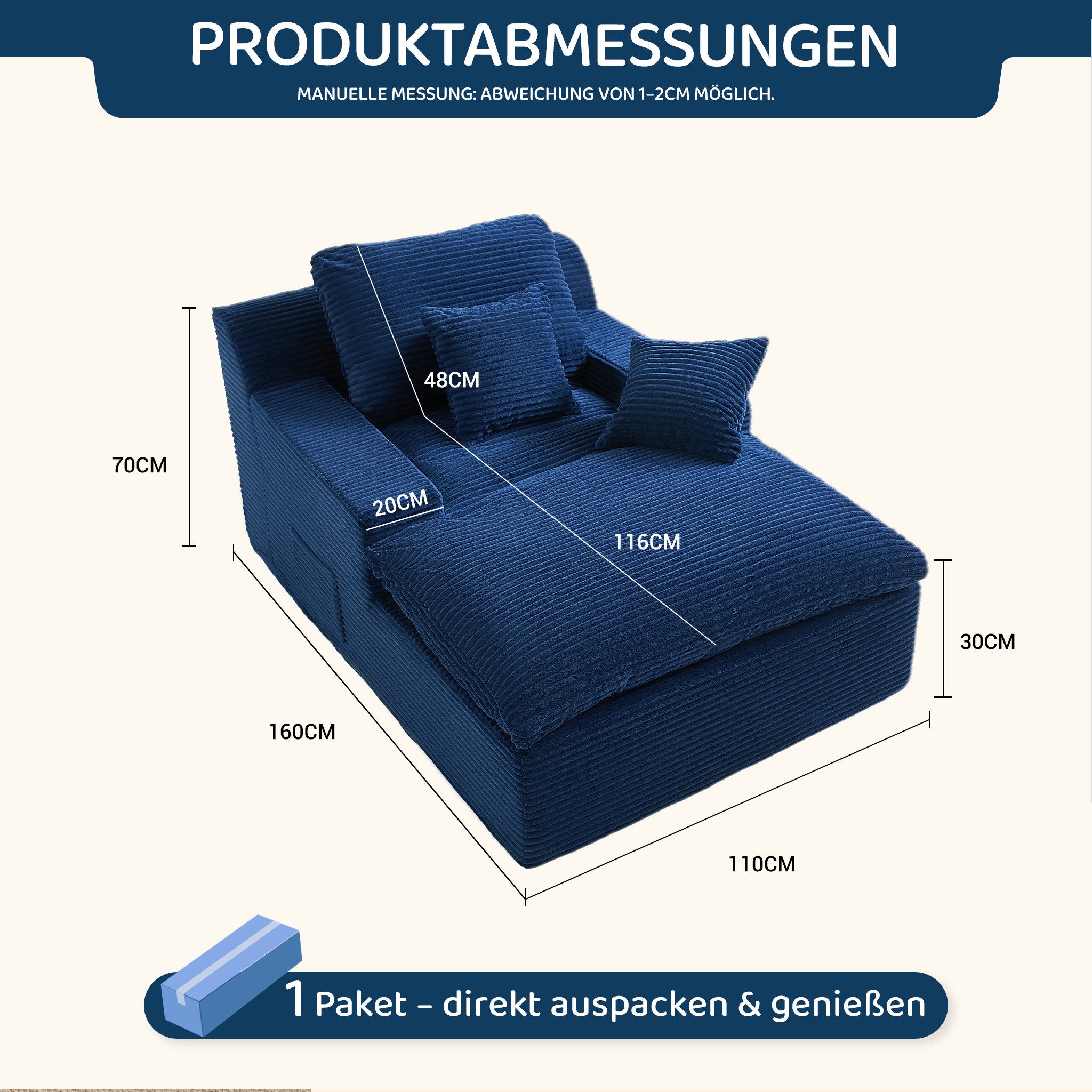 LITBIRD Chaiselongue 160 cm Loungesofa, Boneless Bodensofa & Schlafsofa mit Schlaffunktion, 1 Teile, Platzsparendes Cloud Sofa mit Armlehnen für Wohnzimmer