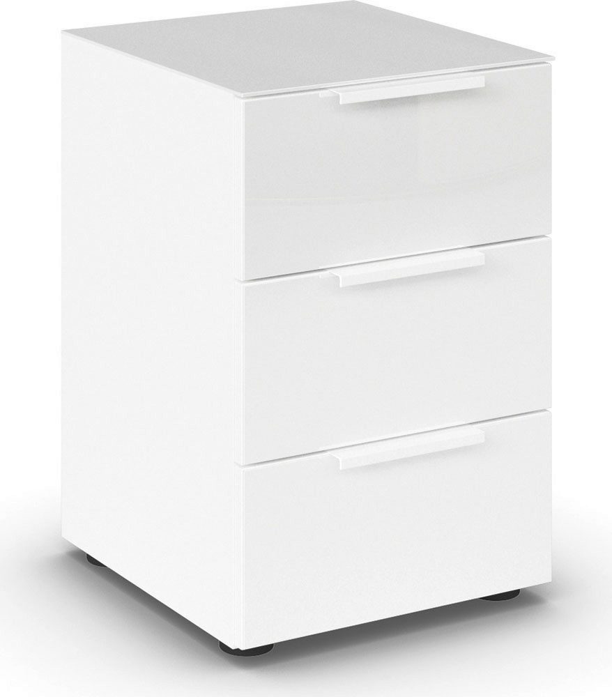 rauch Nachtkommode Nachttisch Nachtschrank Nachtkonsole FLIPP mit Glasfront (Breite 40 cm), mit 3 Schubladen und Soft-Close-Funktion, Oberboden und Front Glas