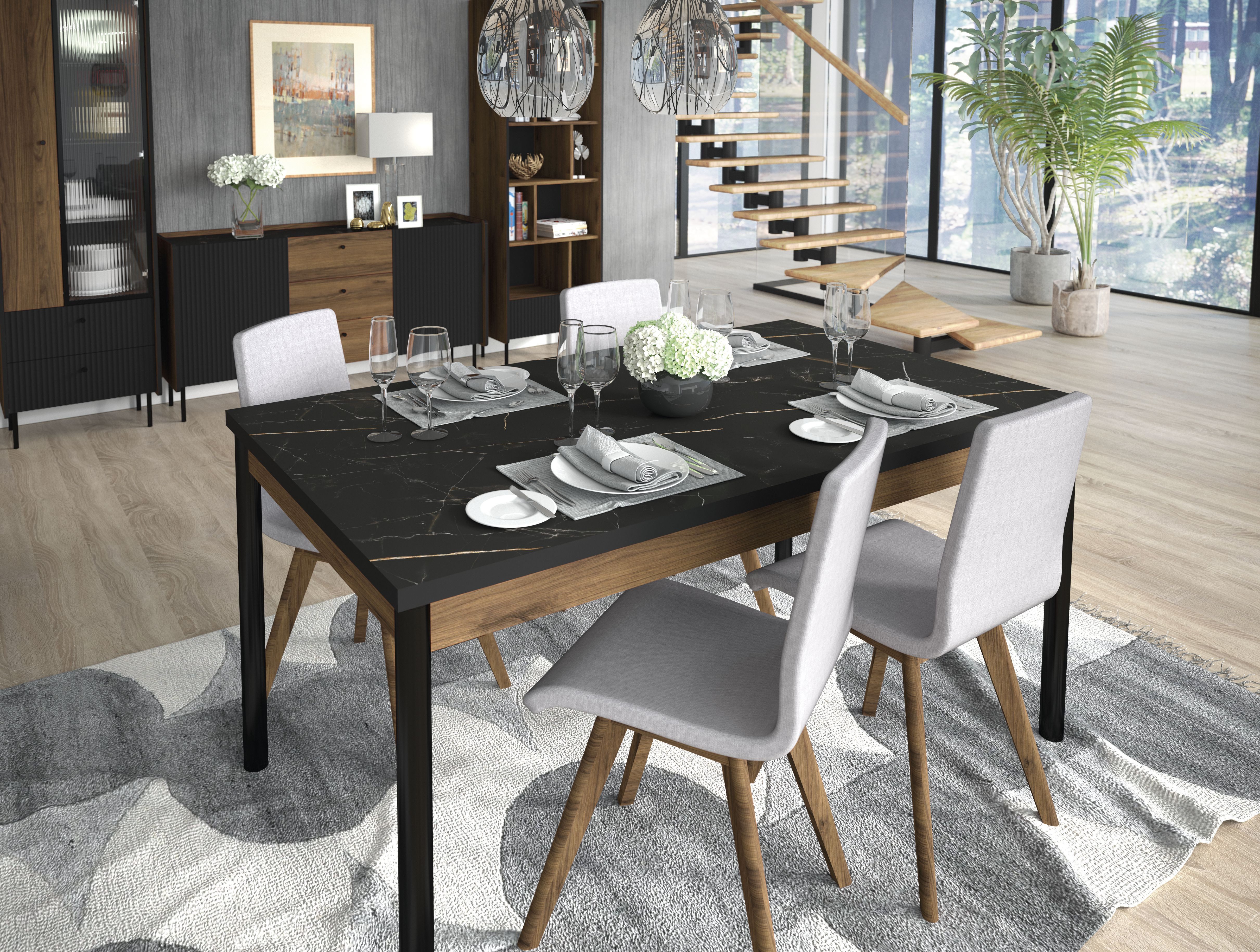 Compleo Esstisch Schwarz Marmor COMO, ausziehbar 160-240 cm, Modern Esszimmer, großer Tisch