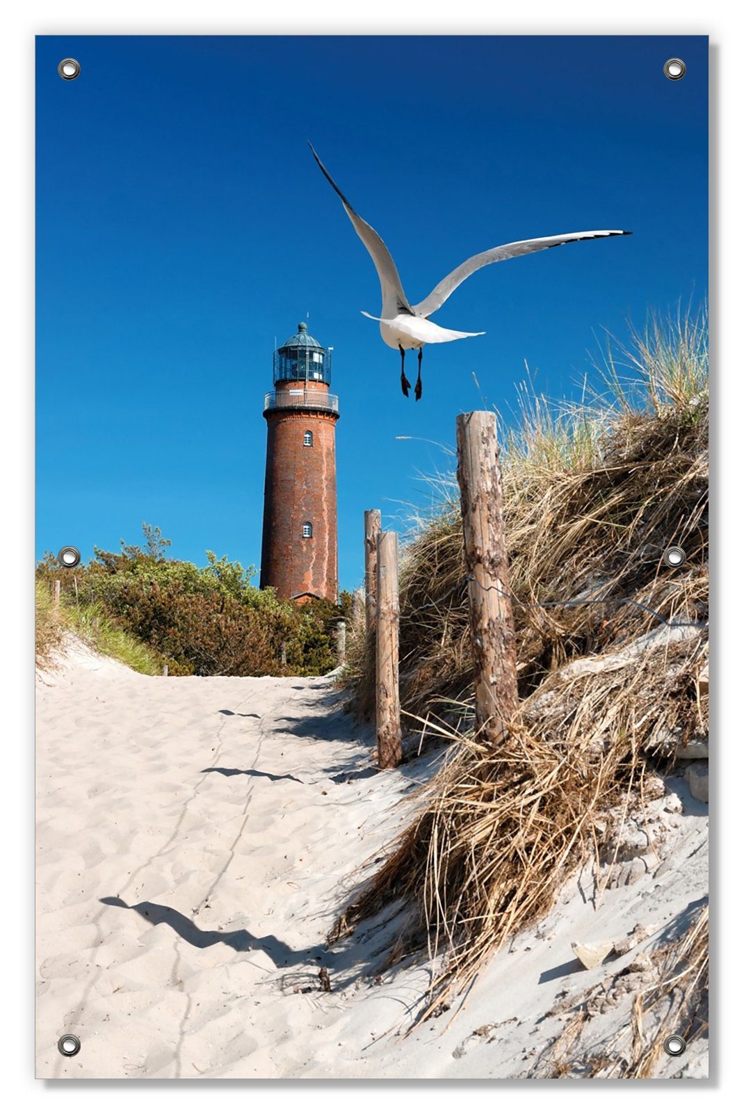 Wallario Sonnenschutz Möwe am Strand mit Leuchtturm, blickdicht, mit Saugnäpfen, wiederablösbar und wiederverwendbar