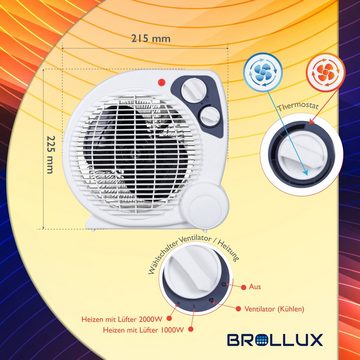 BROLLUX Heizgerät Elektroheizung, 2000 W, 2000W mobiles Heizgerät Spiralheizkörper mit Kaltluftzufuhr