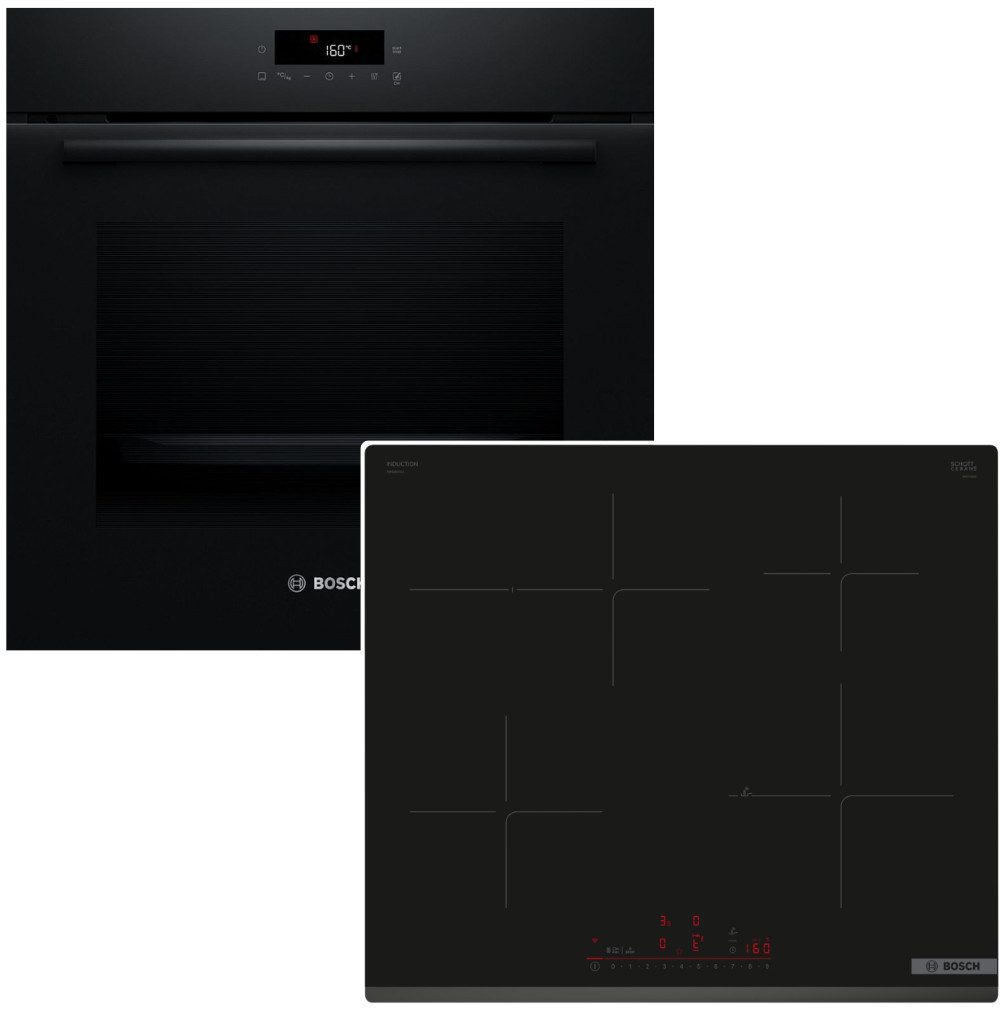 BOSCH Backofen-Set 3D-Heißluft Pyrolyse LED-TouchControl + Induktionskochfeld PowerBoost, Pyrolyse-Selbstreinigung Hydrolyse