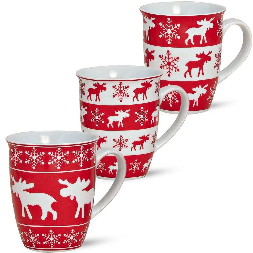 Tasse Weihnachtstassen 3er Set Skandi Elche gestreift Kaffeetassen