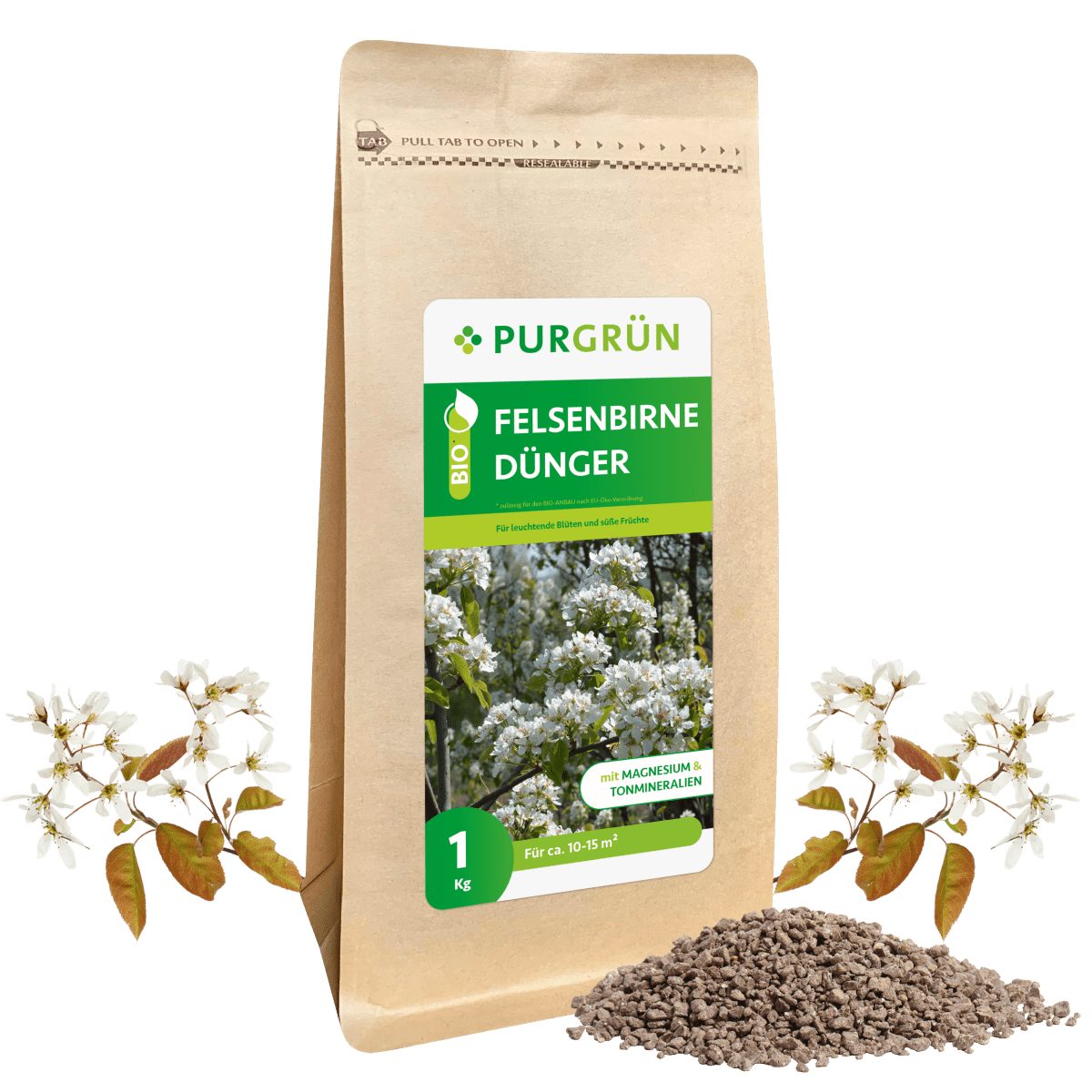 Gartendünger Purgrün Bio Felsenbirne Dünger, NPK 6+3+8, Magnesium, 1 kg