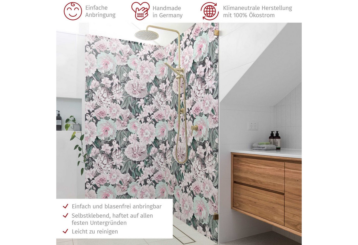 Thumbnail - Bilderdepot24 Badrückwand Blumen rosa Duschrückwand ohne Bohren Dusche Muster, (2-tlg., Hart-Folie Smart matt 0,35 mm), ...
