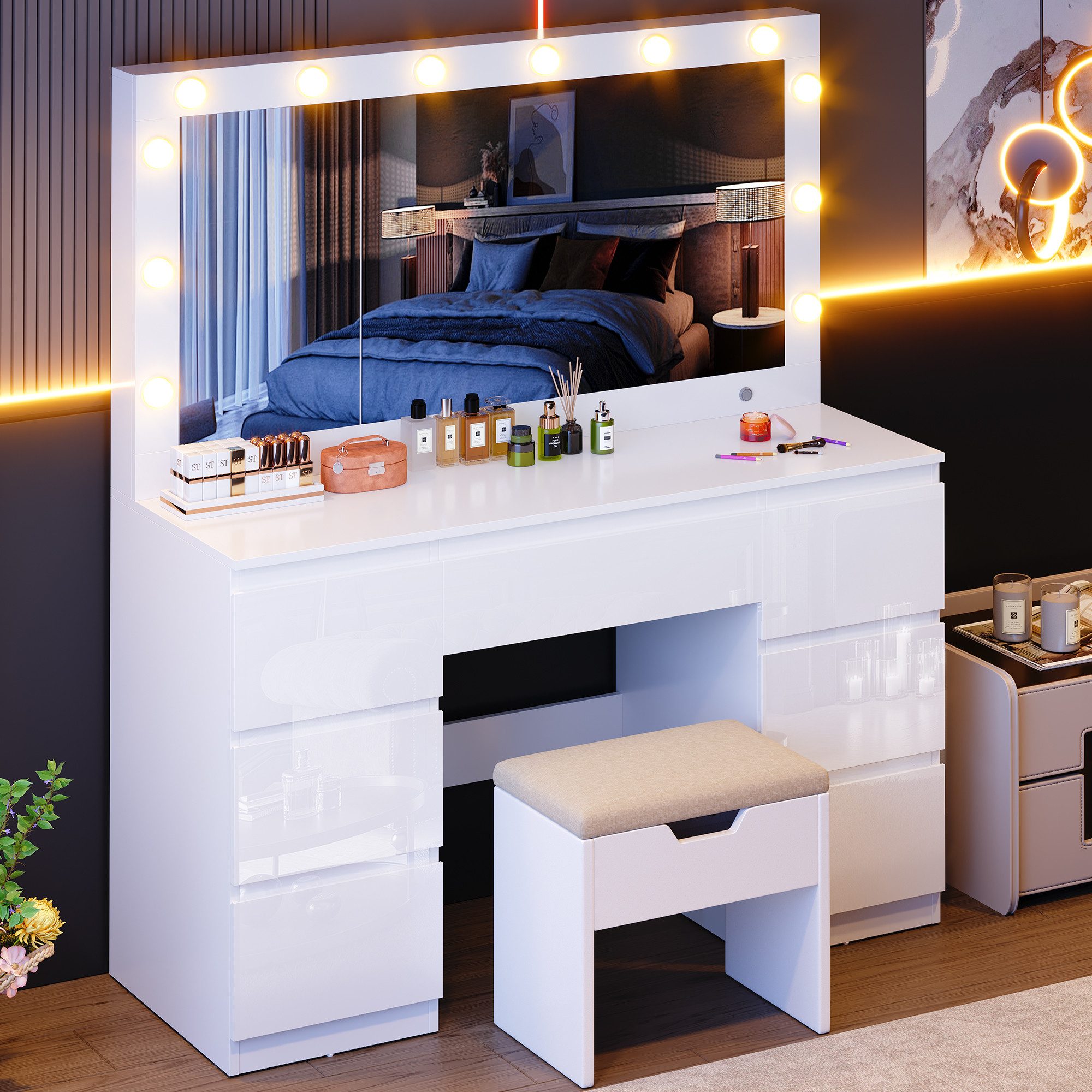 Furnicopia Schminktisch mit 7 Schubladen mit 2 Steckdosen 1 USB-Anschluss 1 günstig online kaufen