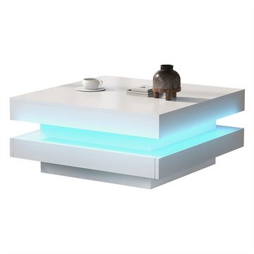 XDeer Couchtisch Quadratischer Couchtisch in Weiß - moderner technologischer, Stil mit 16-farbiger LED-Beleuchtung, 70x70x36 cm