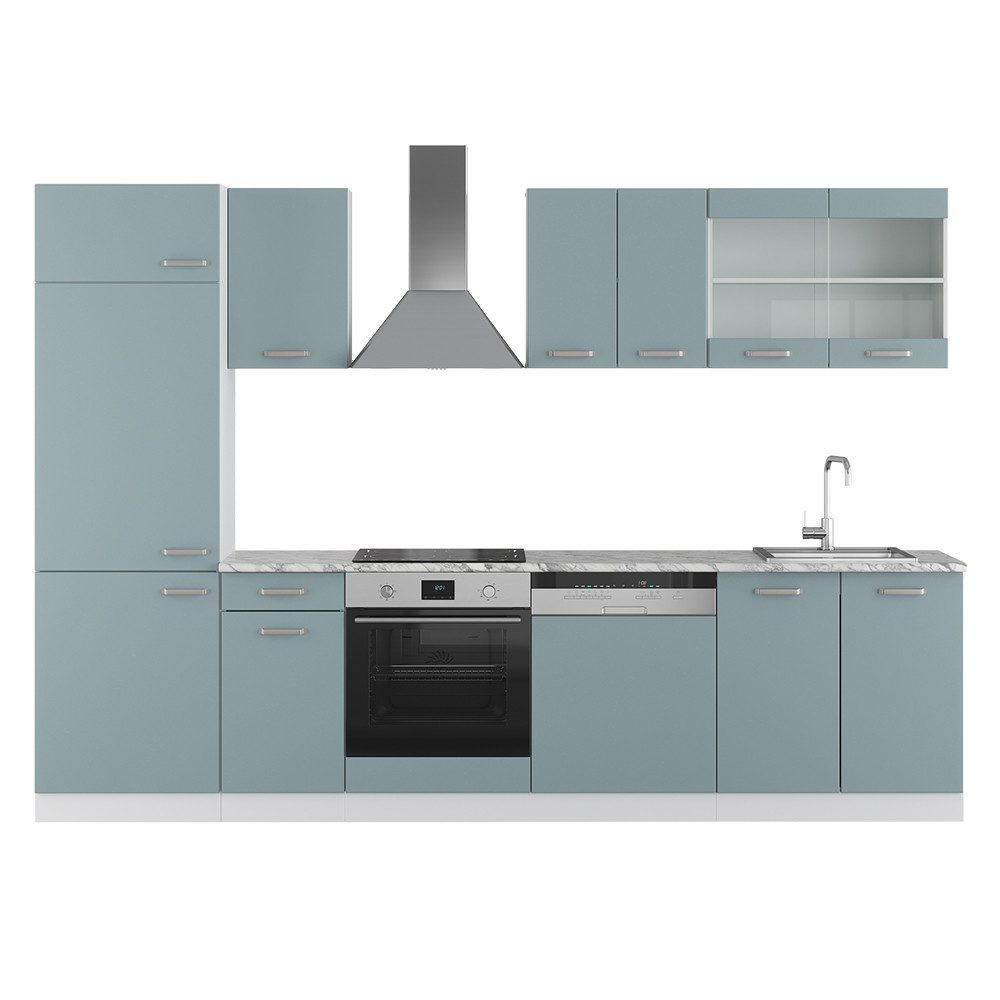 Livinity® Küchenzeile R-Line, Blau-Grau/Weiß, 300 cm, AP Eiche