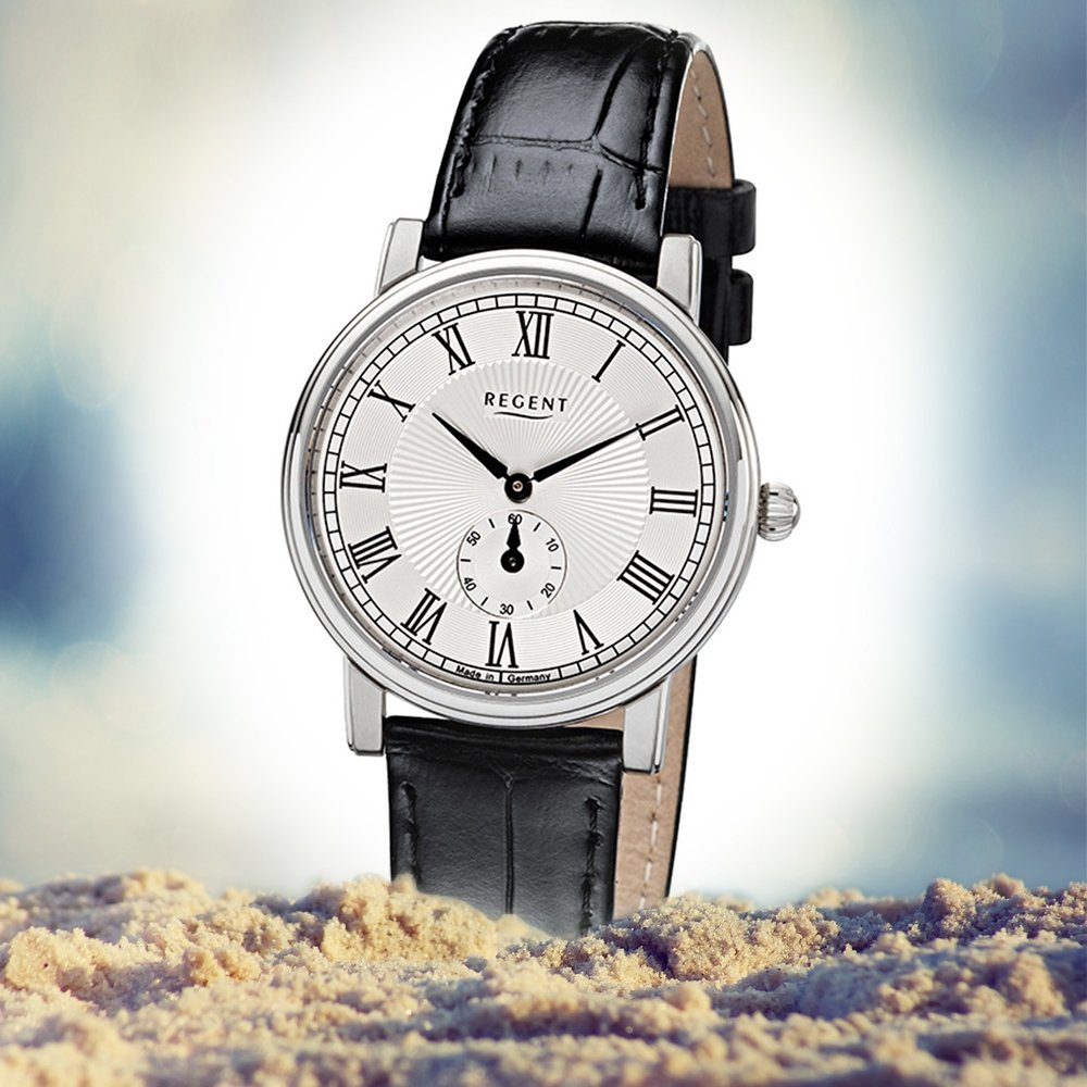 Regent Quarzuhr Regent (ca. mittel Damen rund, Damen Armbanduhr Uhr Lederarmband Leder Quarz, GM-1605 32mm)