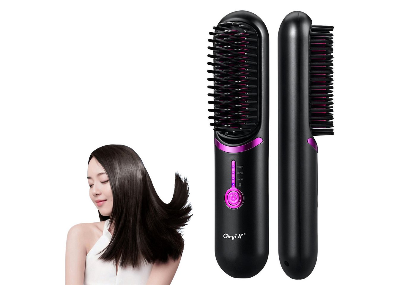 CkeyiN Elektrohaarbürste kabellos haarglättbürste 3 Temperaturstufen 160-200℃ Stylingbürste, Negativ-Ionen-Technologie max. 60 min Betriebsdauer aufladbar klein