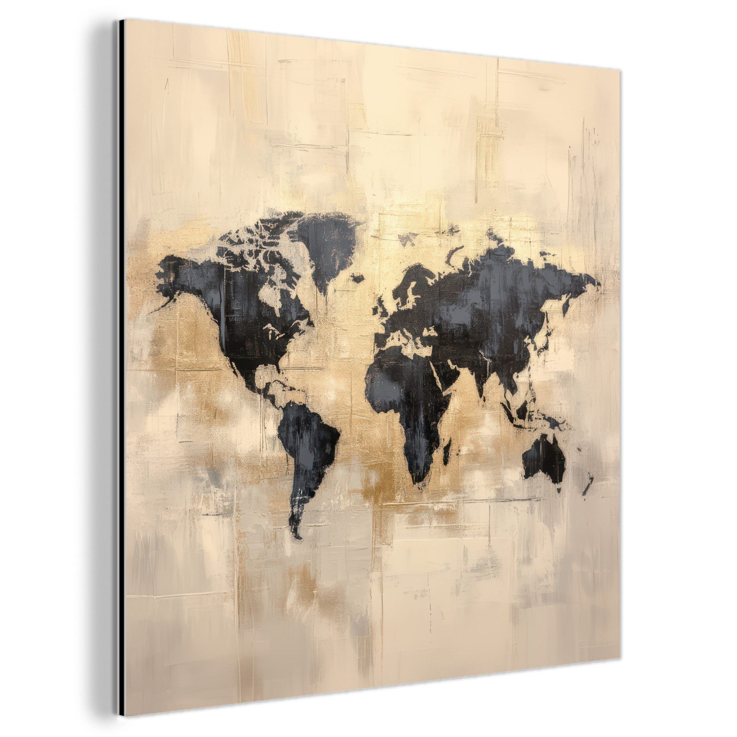 MuchoWow Metallbild Weltkarte - Gold - Schwarz - Abstrakt, Inkl. Aufhängung, Alu-Dibond-Druck, Wandbild aus Metall, Aluminium deko, 20x20 cm