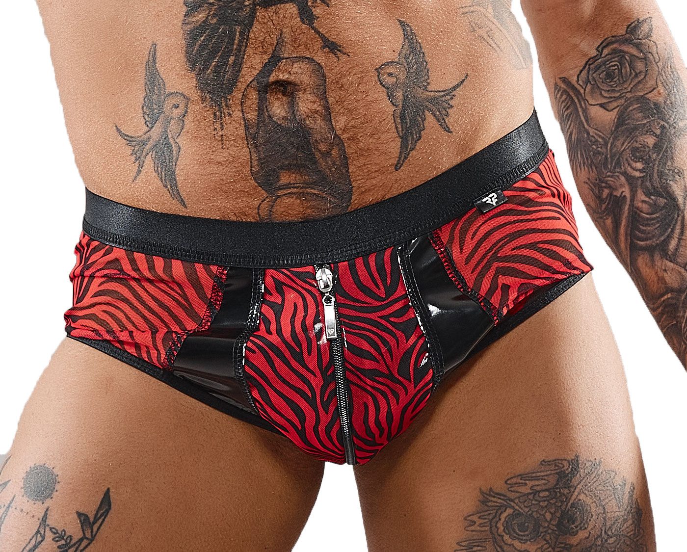 Slip Herren Netz-Slip aus Stretch-Tüll und Lack Einsätzen Schwarz Rot