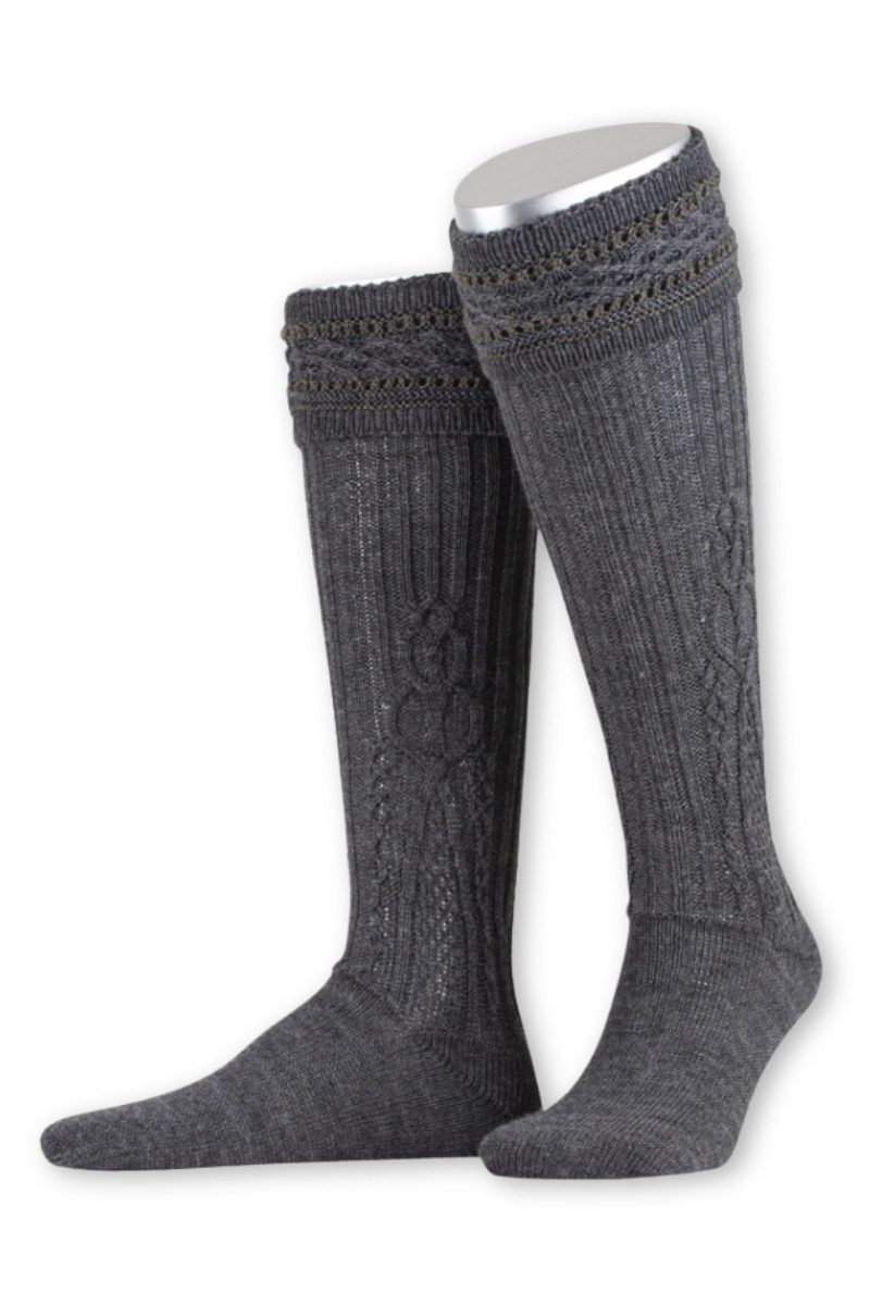 Lusana Trachtensocken Flachstrick-Kniestrümpfe - L491 - dunkelgrau, jägeroliv