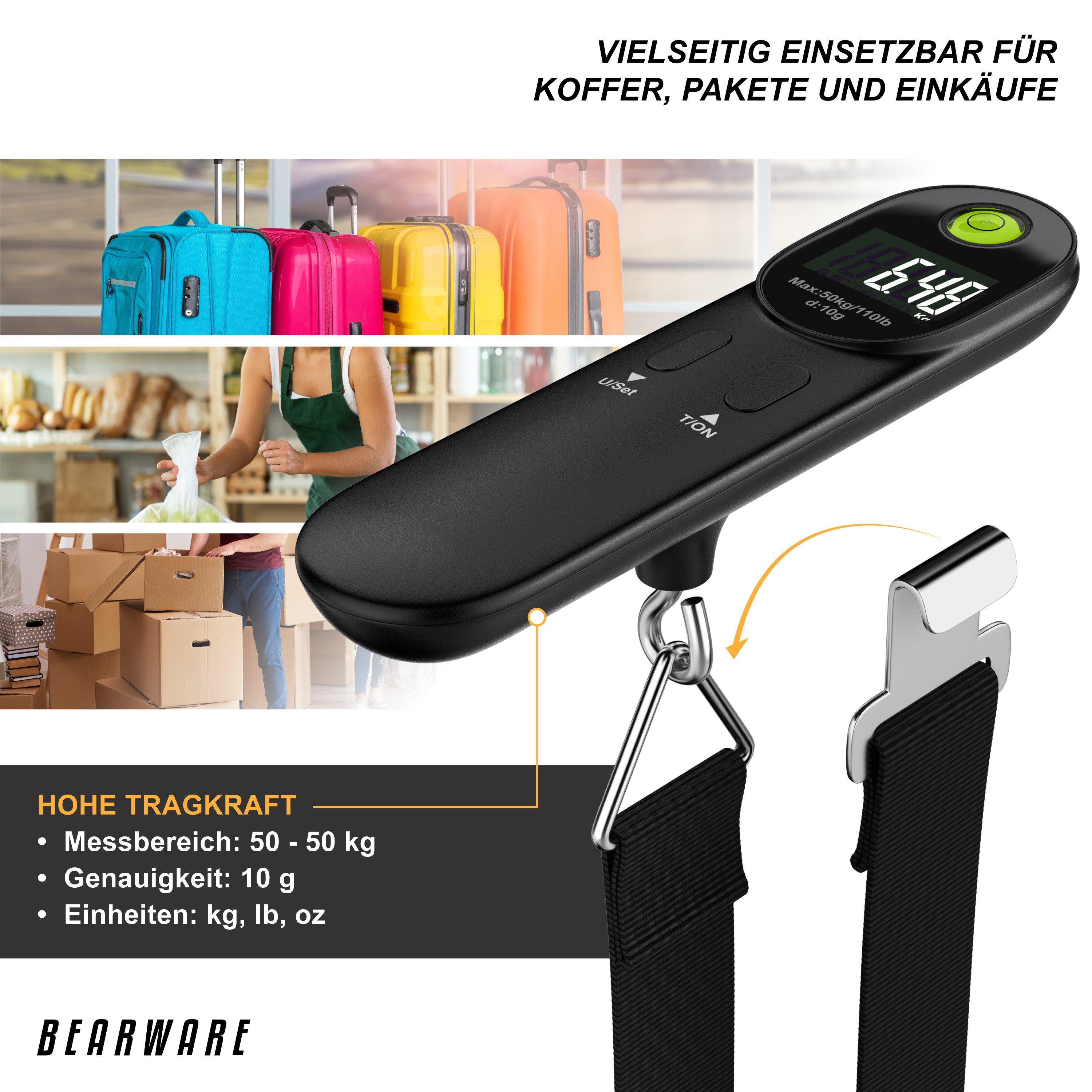 BEARWARE Kofferwaage digital mit Haken & Wiegeband, bis zu 50 kg, für Reisen, Gepäckwaage, Tragkraft 50 kg, (1-tlg), Hängewaage, Reisewaage, 10g genau, Wasserwaage, Tara, Maßband, Display