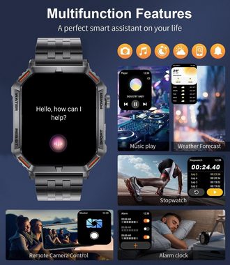 Lige Smartwatch (1,96 Zoll, Android iOS), für Herren mit Telefonfunktion Militär Touchscreen 400mAh Fitnessuhr