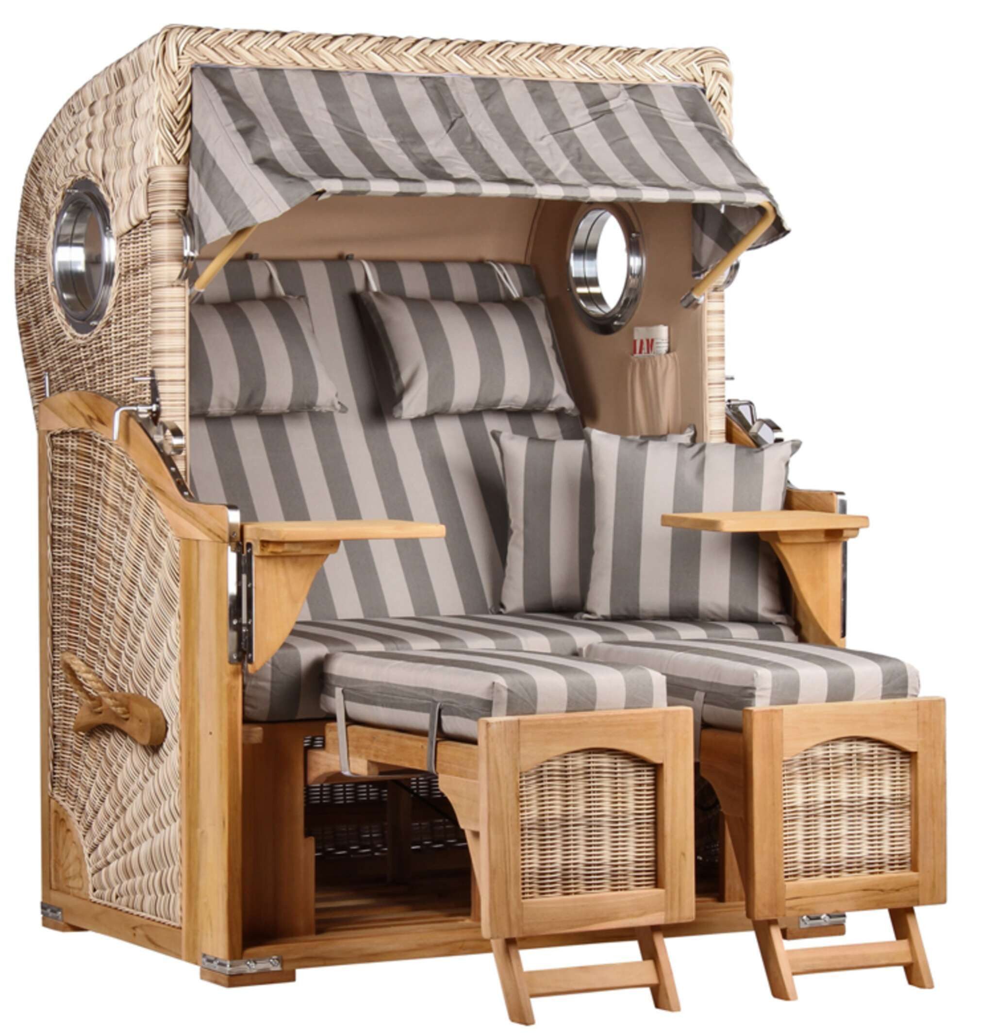 MR.DEKO Strandkorb 2-Sitzer Düne Teak PE Shell Bullauge 125x80x170cm, BxTxH: 125x80x170 cm, Volllieger, Düne, (Fertig montierter Strandkorb für Garten, Terrasse & Balkon), Wetterfester Volllieger mit Edelstahlbeschlägen & waschbaren Polstern