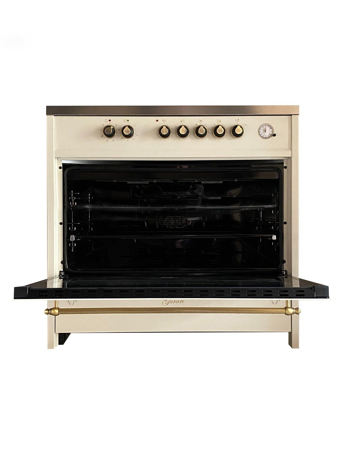 GURARI Elektro-Standherd Retro Glaskeramik Herd 90 cm mit Elektrobackofen 121 L Range Coocker, 8 Funktionen mit Dunstabzugshaube 90 cm in Creme, Flachpaneel Wandhaube Motor 1000m³/h GCH E 912 Cr r+GCH 461 BG 9.,., mit 1-fach-Teleskopauszug, Elektro-Standherd Retro 90 cm+Dunstabzugshaube 90 cm