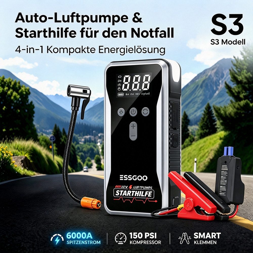 ESSGOO 5000A 12V Auto Starthilfe Powerbank 150PSI Kompressor Starthilfegerät Autobatterie-Ladegerät (18000mAh, LED-Leuchte, 9L Benzin Oder 8L Diesel, -20°C bis  – Bild 2 von 5