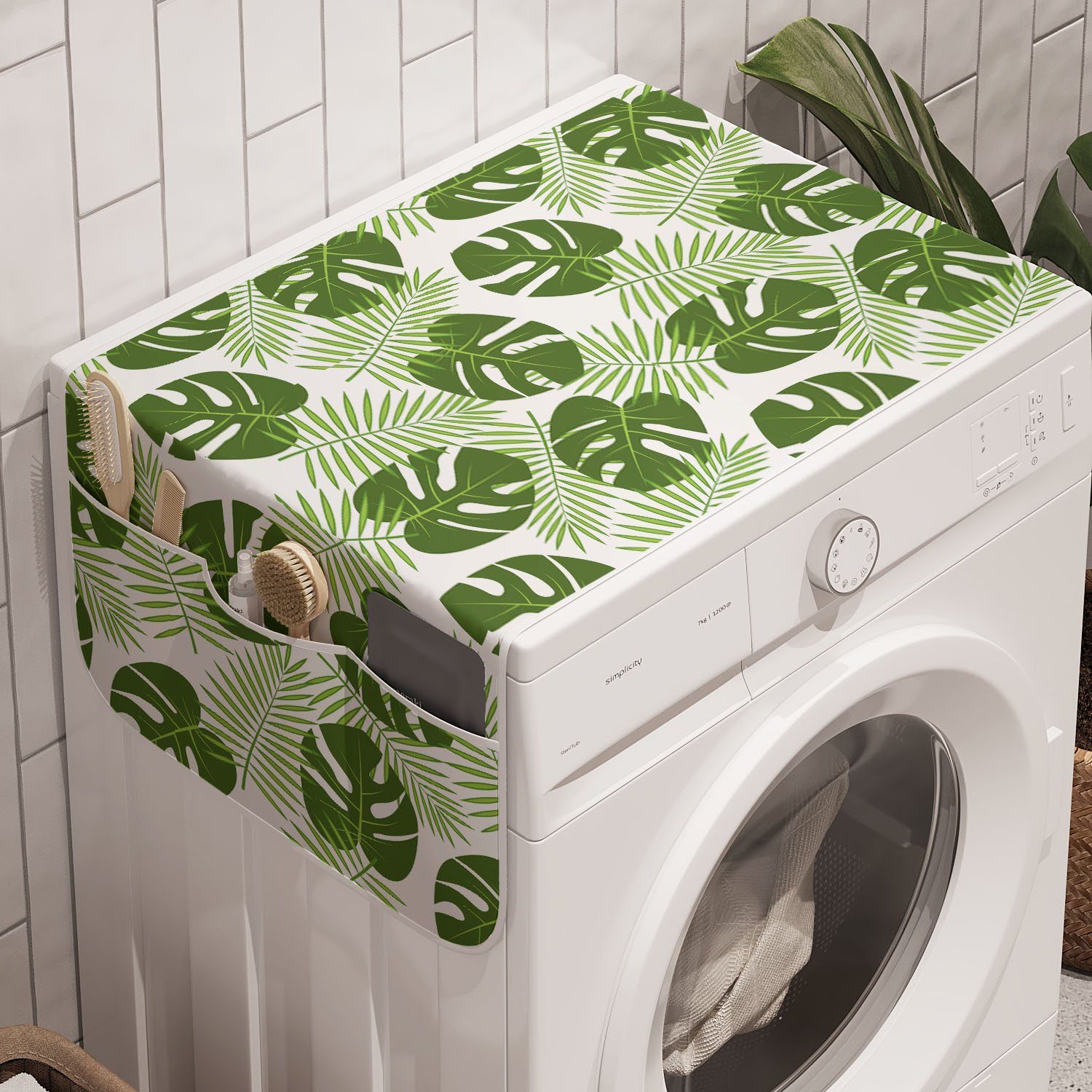 Abakuhaus Badorganizer Anti-Rutsch-Stoffabdeckung für Waschmaschine und Trockner, Grün und Weiß Palmen und Monsteras