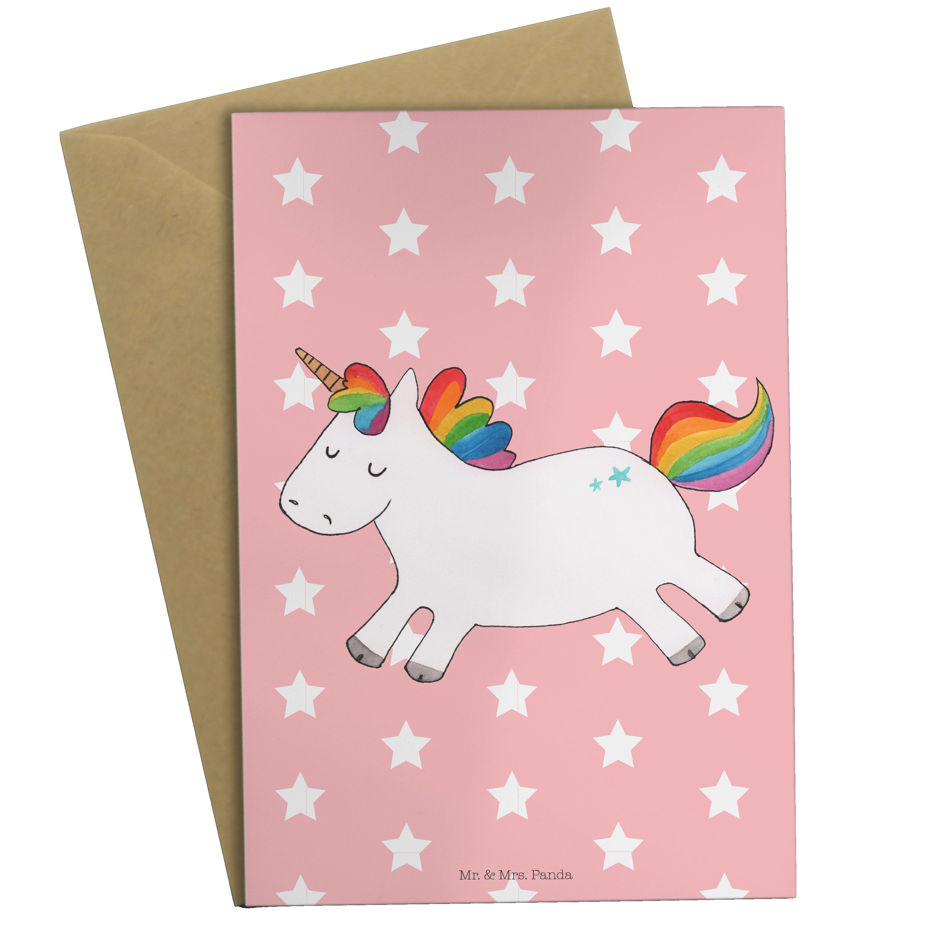 Mr. & Mrs. Panda Grußkarte Einhorn Happy - Rot Pastell - Geschenk, Glückwunschkarte, Unicorn, Ei