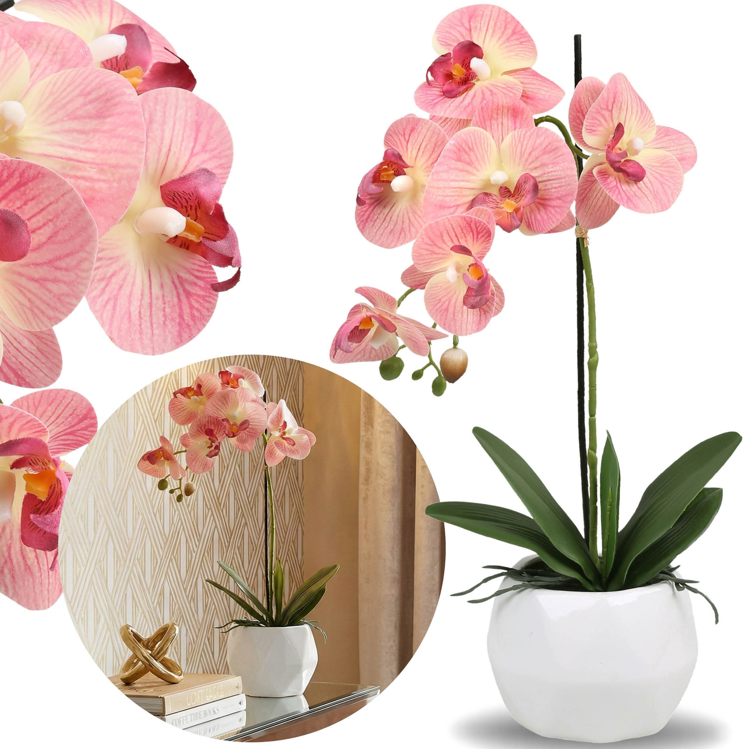 Kunstblumenstrauß Kunstorchidee lachsrosa im Glastopf, täuschend echt, 42 cm, Sarcia.eu