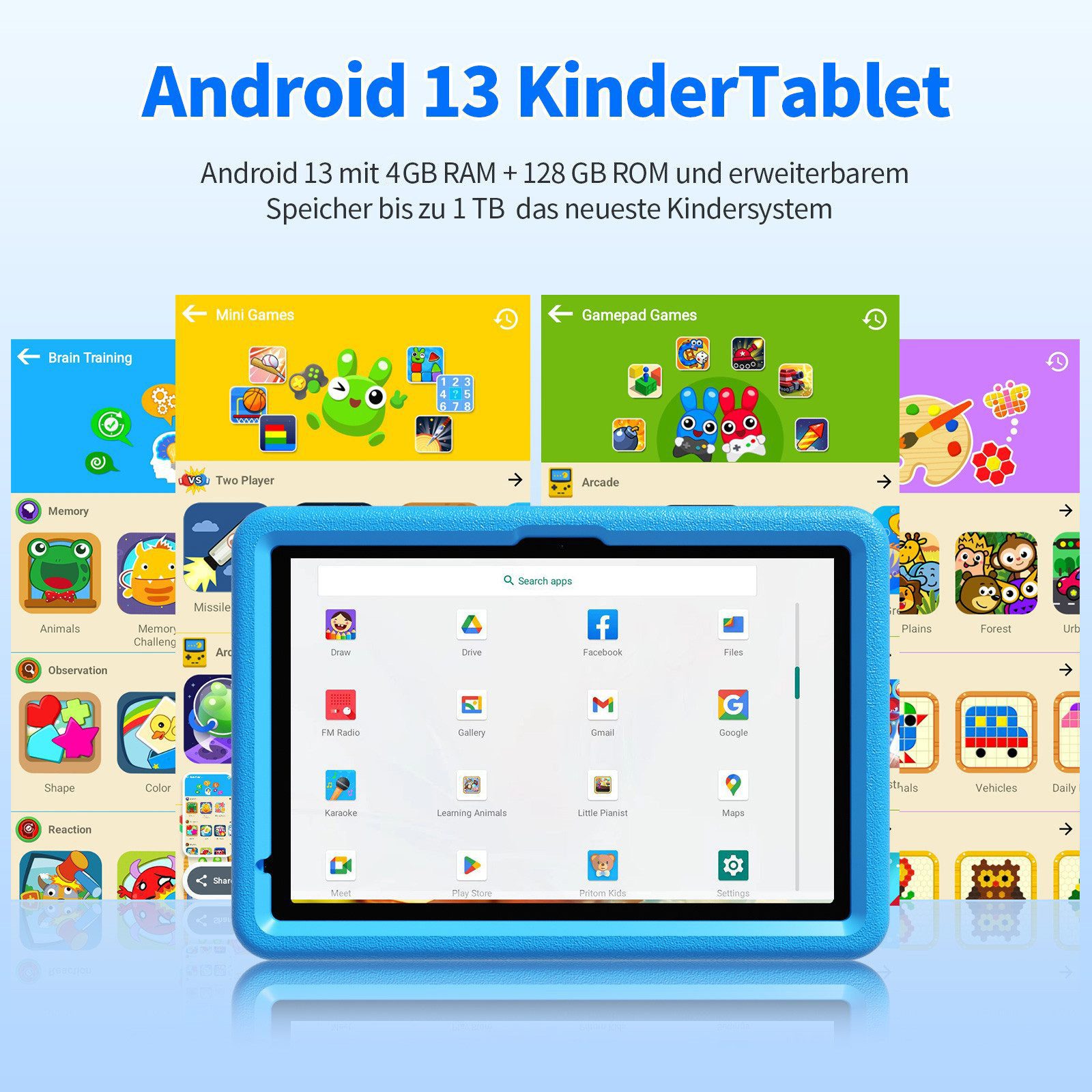 VASOUN TAB11 Kinder-Tablet 10 Zoll, 128 GB, leichtes EVA-Schutzgehäuse Tablet (1TB Erweiterung,vorinstallierte Kindersoftware,Tablet mit Silikonhülle)