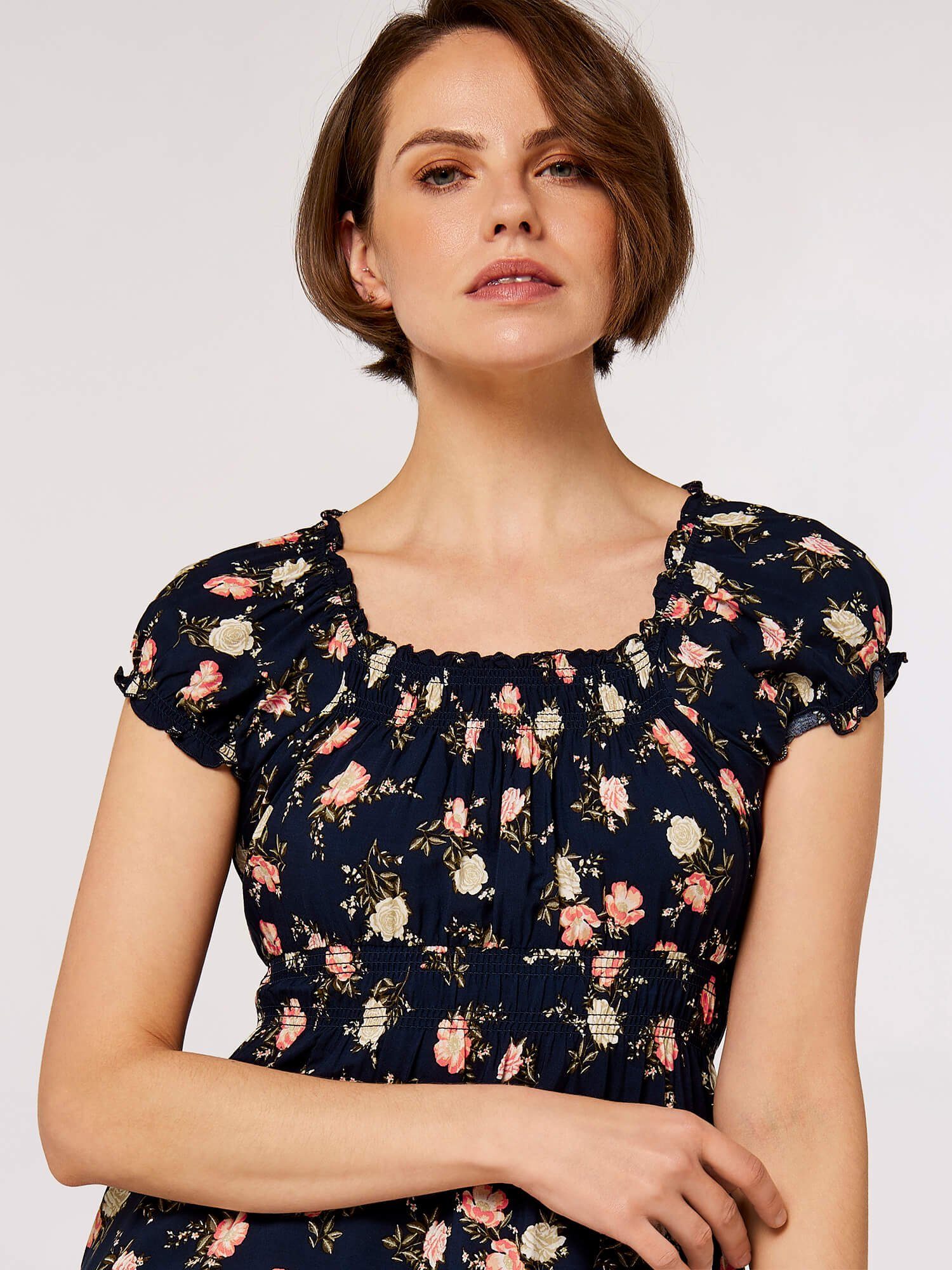 Apricot Midikleid Vintage Rose Milkmaid Midi Dress mit Smokdetails