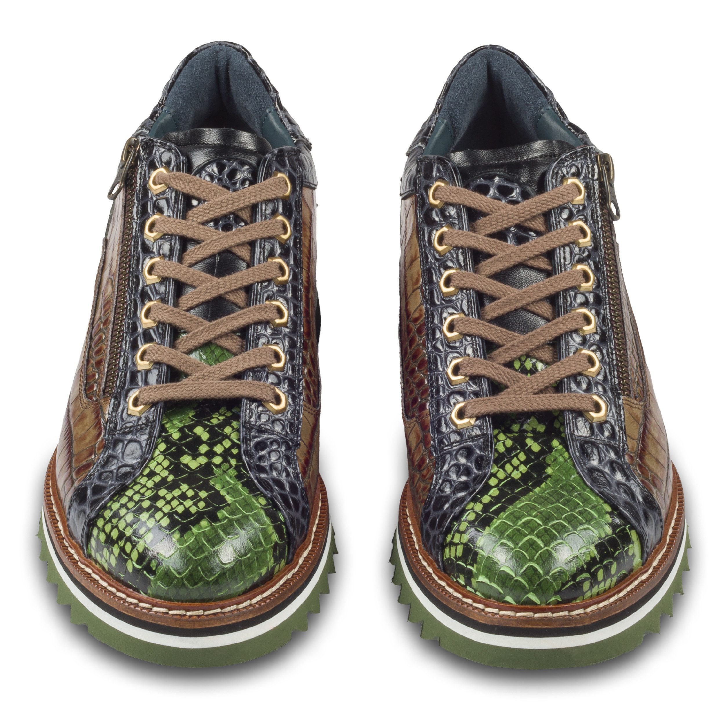 Lorenzi Lorenzi Herren Sneaker grün/braun, Leder Kroko-Prägung, Reißverschluß Sneaker Handgefertigt in Italien