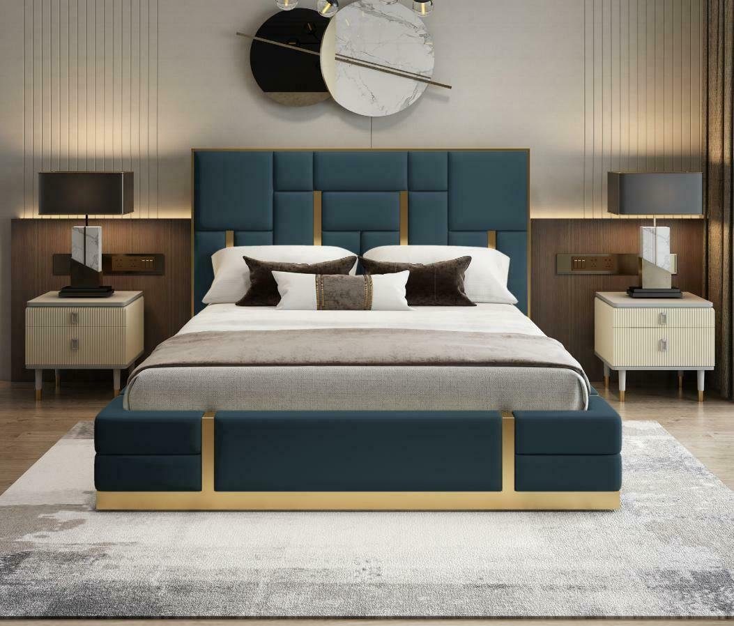 Betten Doppel Bett Italienisches Bett, Polster Luxus Blau/Gold JVmoebel Leder Schlafzimmer