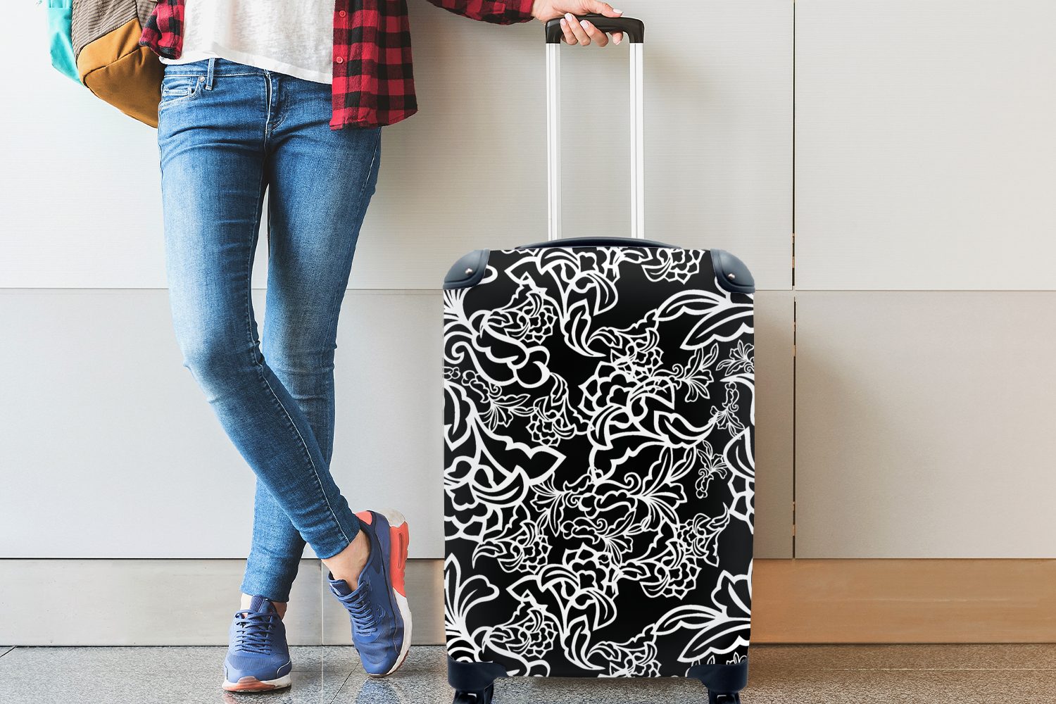 Handgepäckkoffer Handgepäck für Muster - rollen, - Blume mit 4 Reisetasche MuchoWow Reisekoffer Trolley, Schwarz Ferien, Rollen, Weiß, und