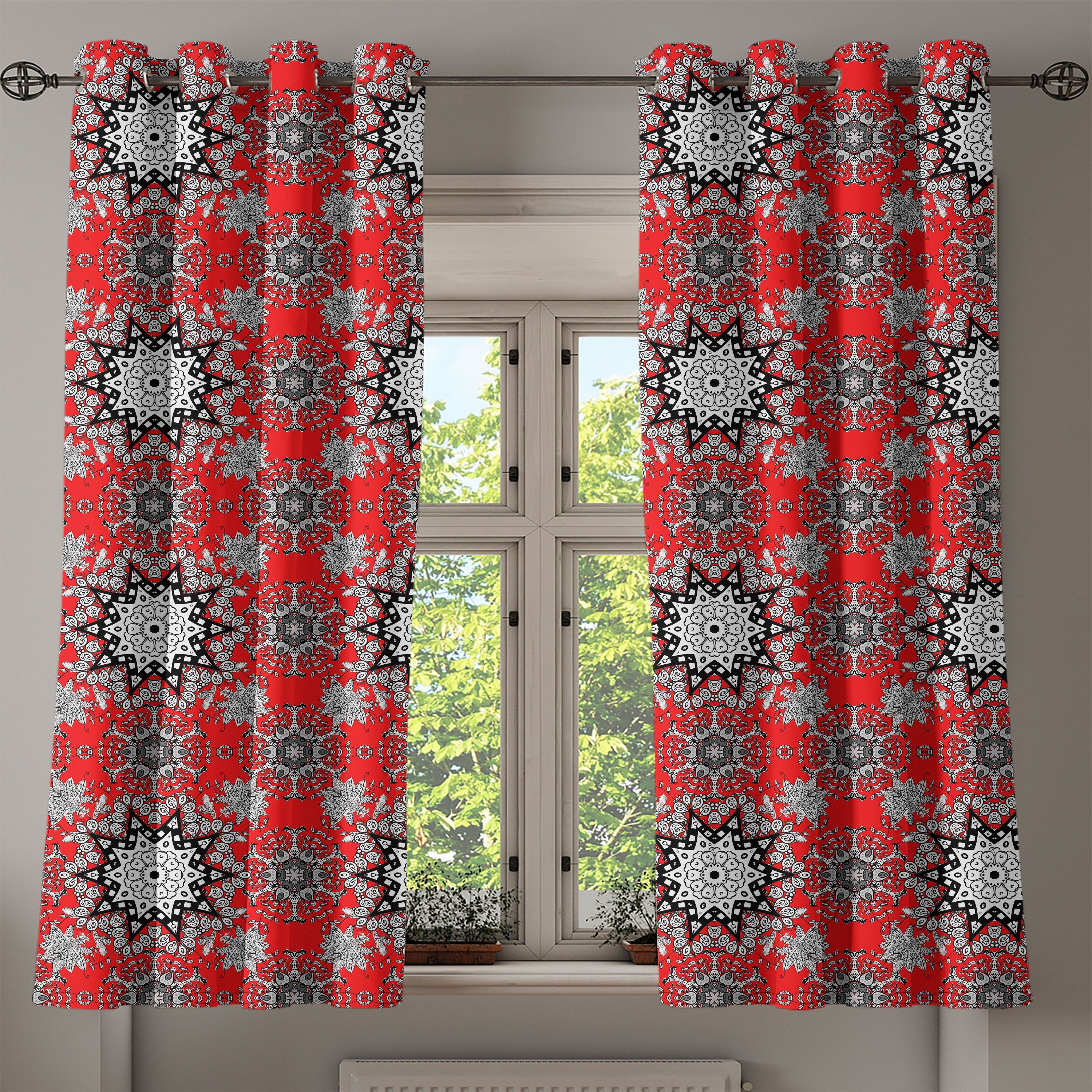 für Gardine Dekorative Schlafzimmer Abakuhaus, Red Blumenstrudel Wohnzimmer, Mandala 2-Panel-Fenstervorhänge