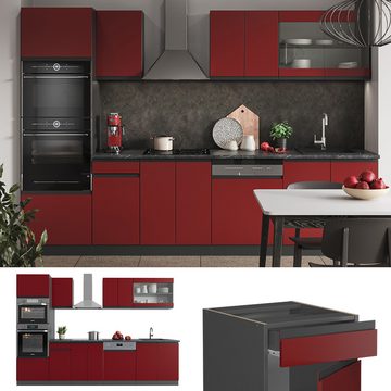 Livinity® Küchenzeile R-Line, Rot/Anthrazit, 300 cm mit Hochschrank, AP Marmor