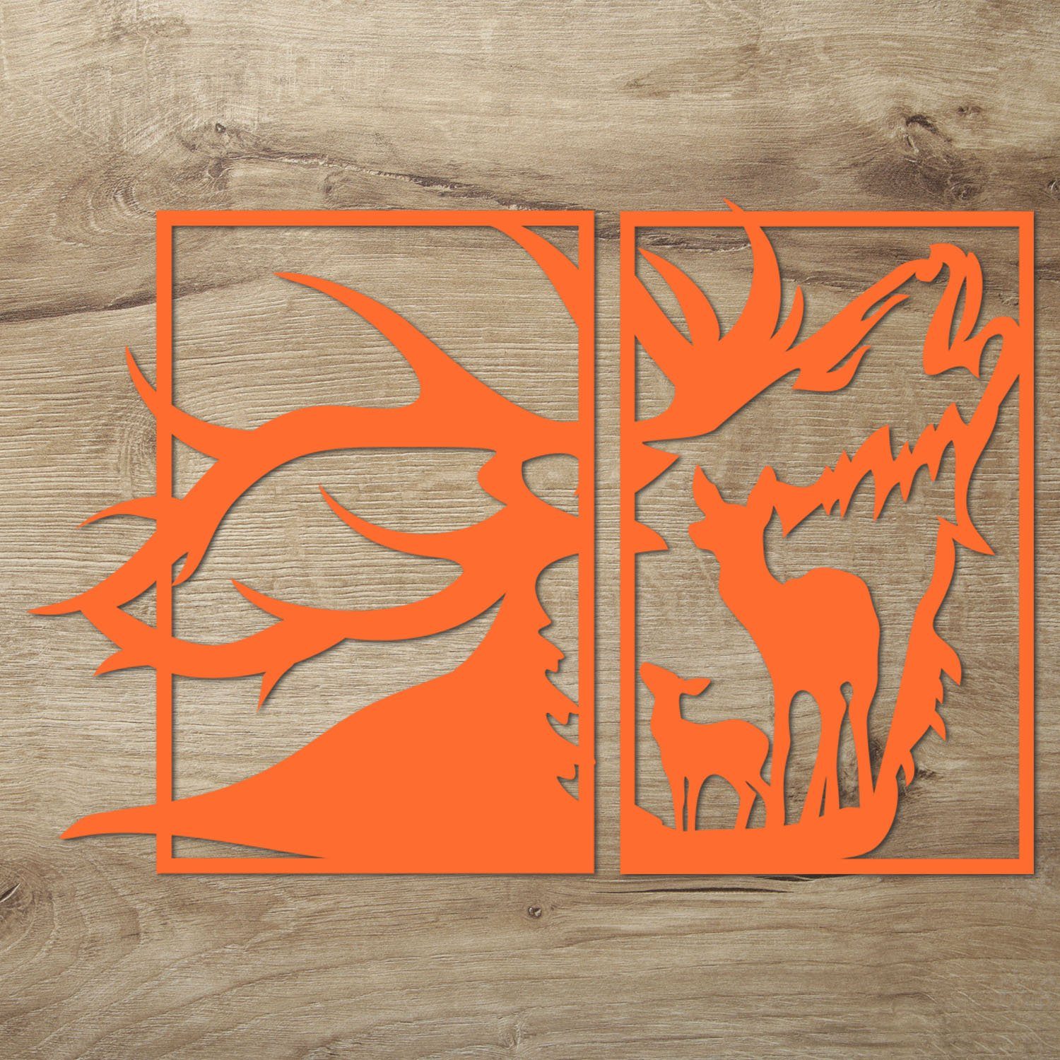 Farben XXL (2 St., mit Rahmen, Holz in im verschieden Deko Hirschkopf Reh aus mit Namofactur erhältlich Holz Reh 2-teilig), Hirsch Wandtattoo Wanddekoobjekt Orange