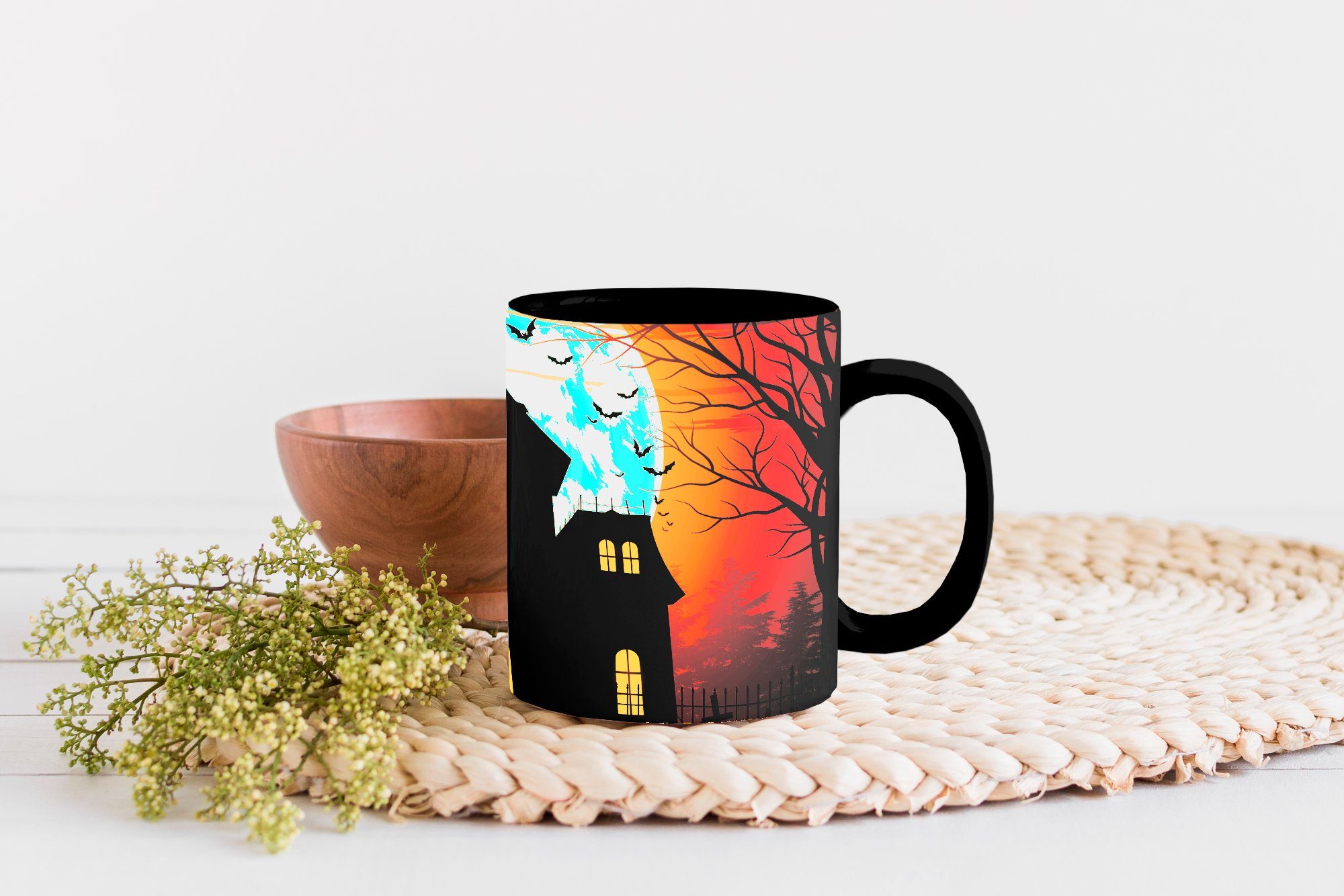 Ein Geschenk Haus Zaubertasse, Farbwechsel, in und gespenstisches MuchoWow Keramik, während einer, Kaffeetassen, einsames Halloween Tasse Teetasse,